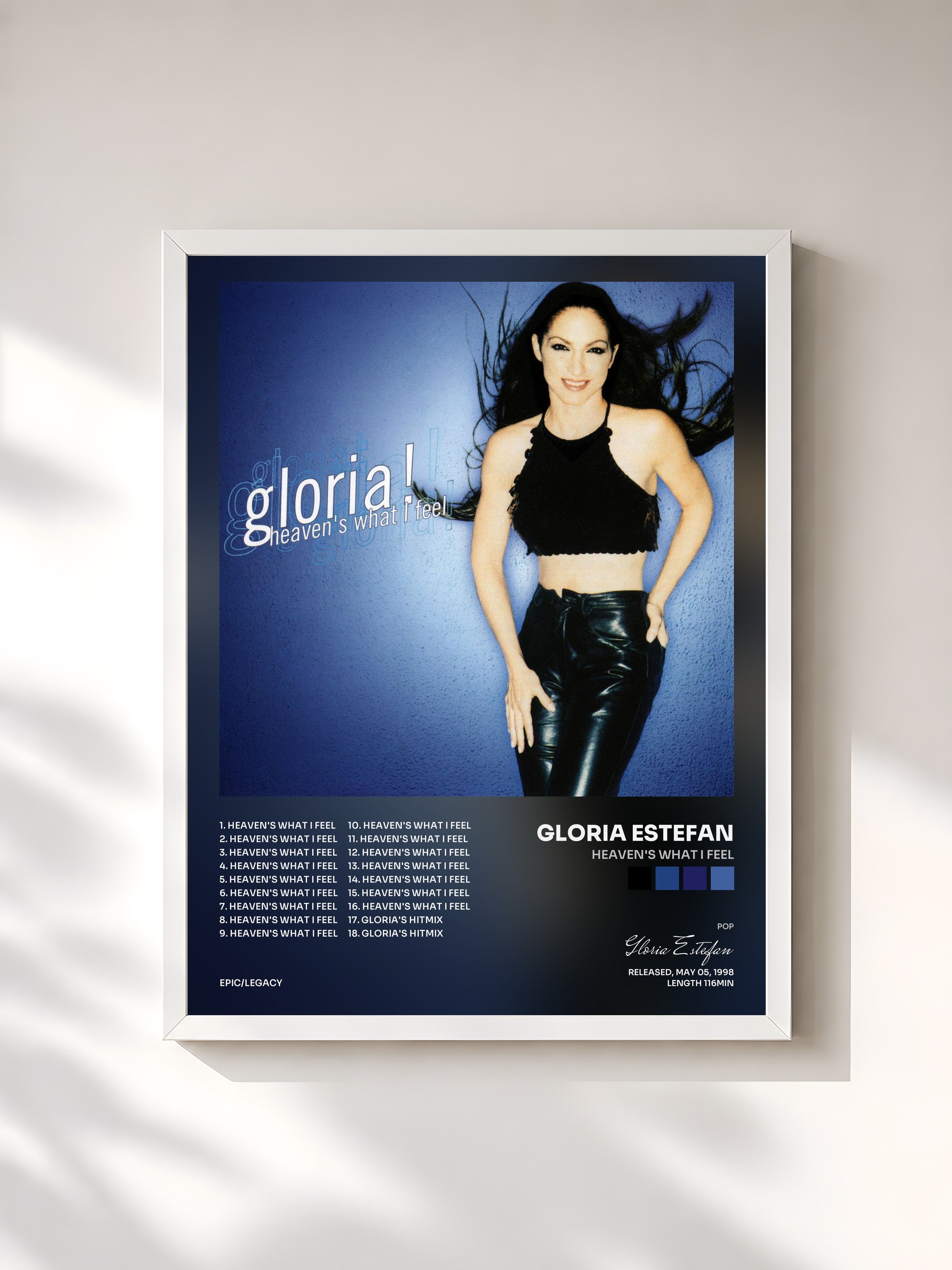 #blanc Tableau de l'album Heaven's What I Feel de Gloria Estefan, cadre blanc, imprimé et encadré en France