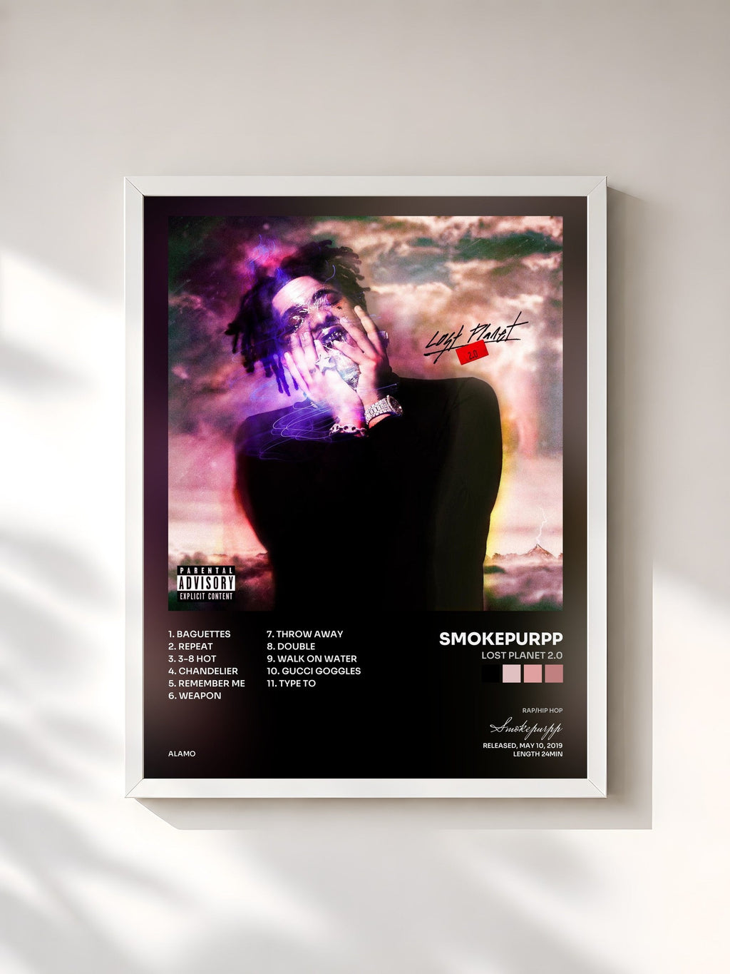 #blanc Tableau de l'album Lost Planet 2.0 de Smokepurpp, cadre blanc, imprimé et encadré en France