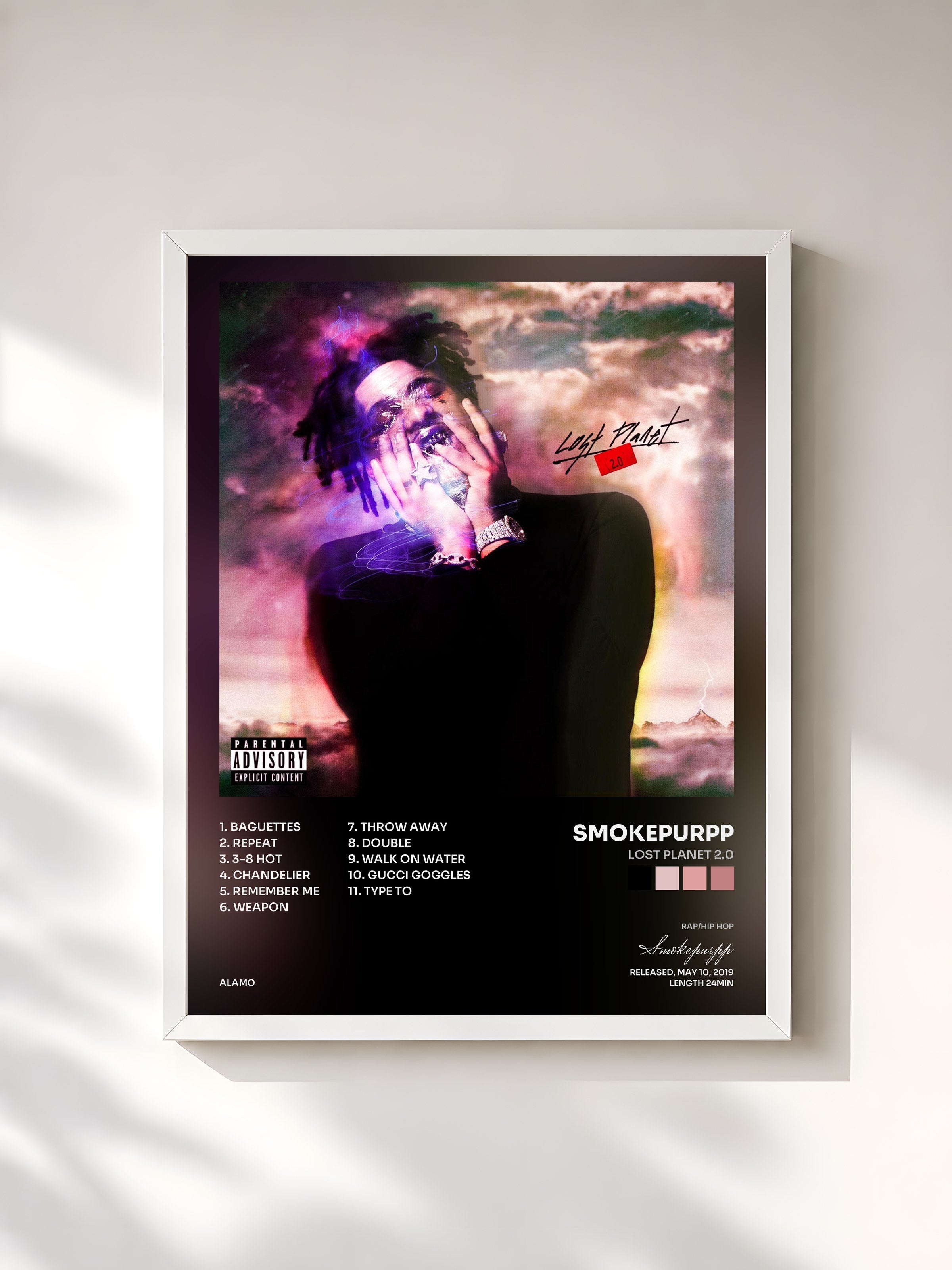 #blanc Tableau de l'album Lost Planet 2.0 de Smokepurpp, cadre blanc, imprimé et encadré en France