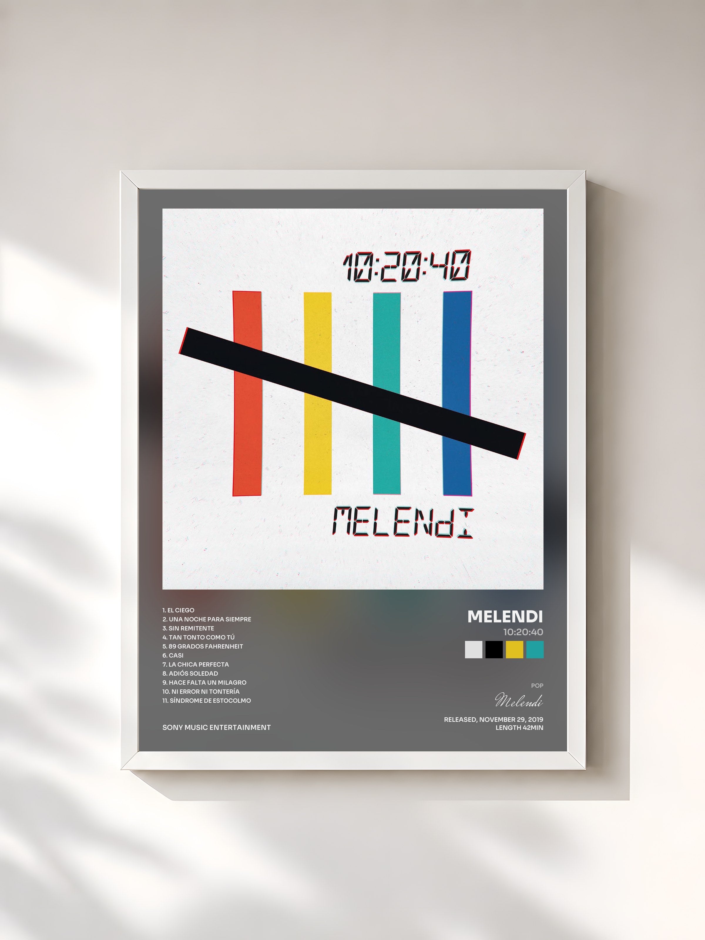 #blanc Tableau de l'album 10:20:40 de Melendi, cadre blanc, imprimé et encadré en France