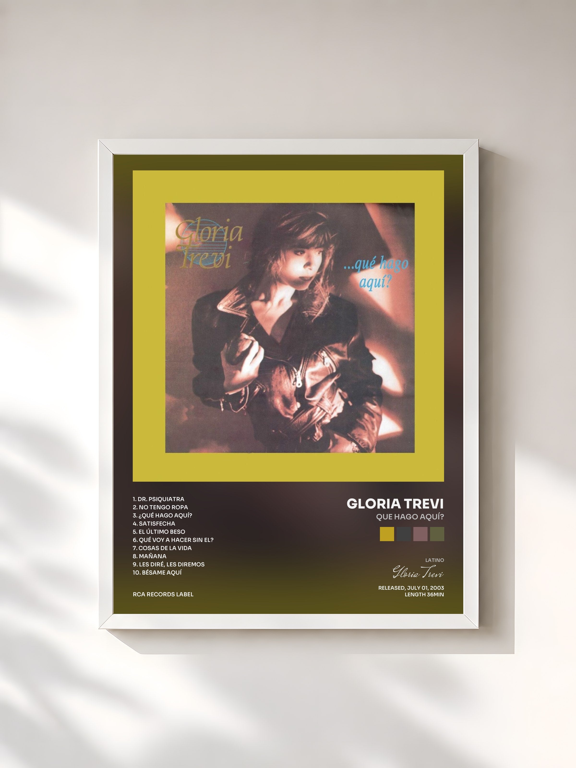 #blanc Tableau de l'album Que Hago Aquí? de Gloria Trevi, cadre blanc, imprimé et encadré en France