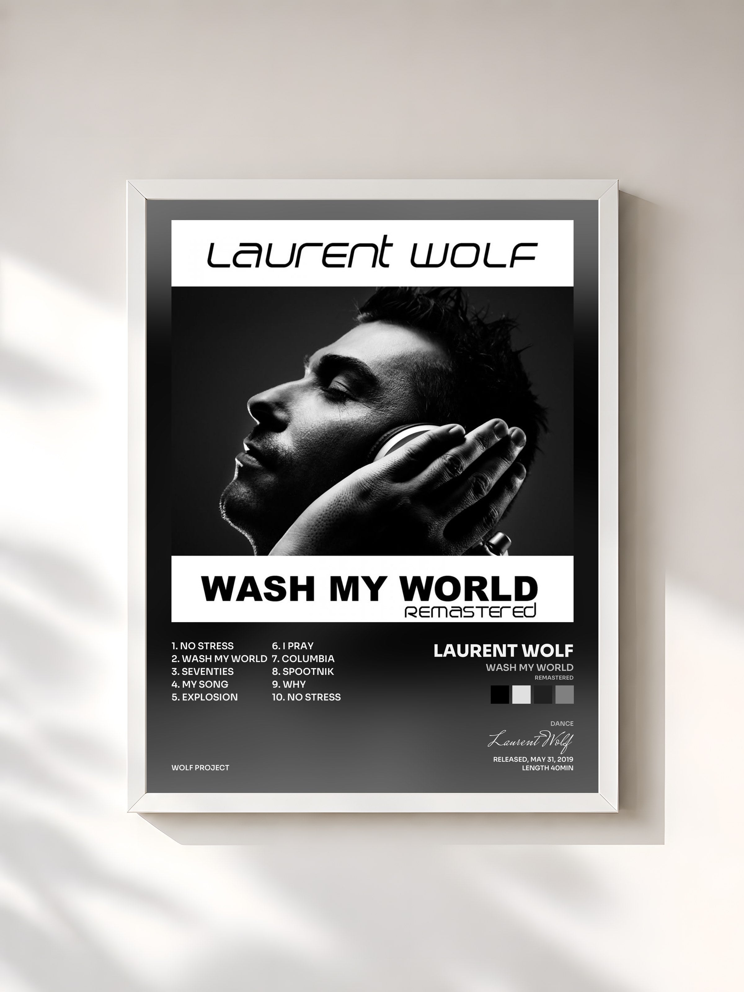 #blanc Tableau de l'album Wash My World (Remastered) de Laurent Wolf, cadre blanc, imprimé et encadré en France