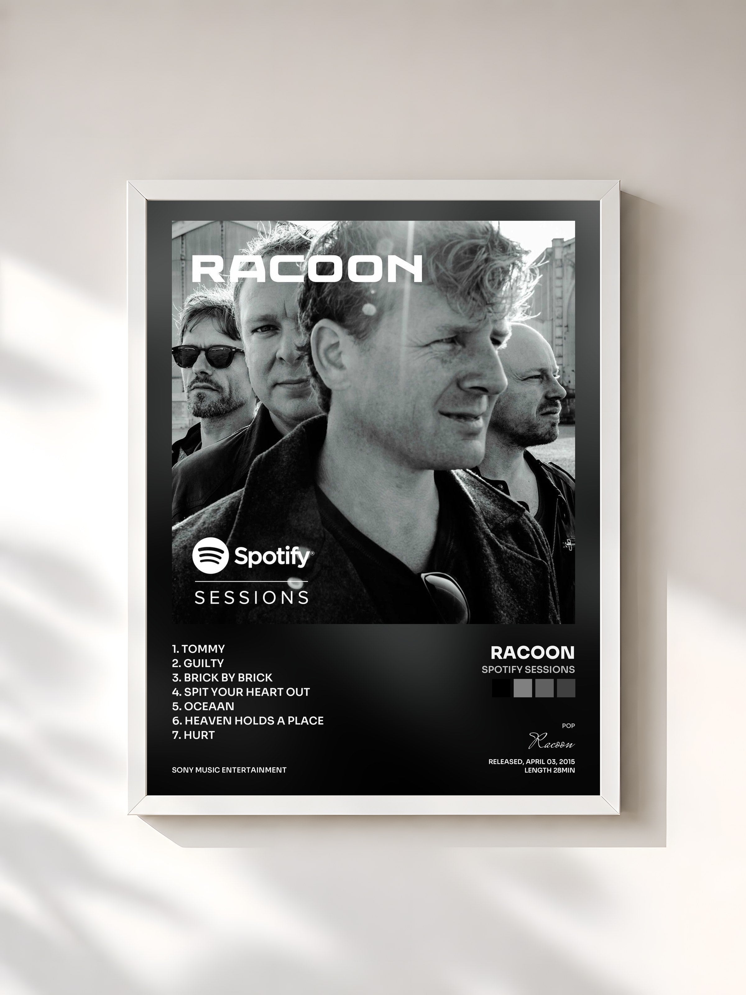 #blanc Tableau de l'album Spotify Sessions de Racoon, cadre blanc, imprimé et encadré en France