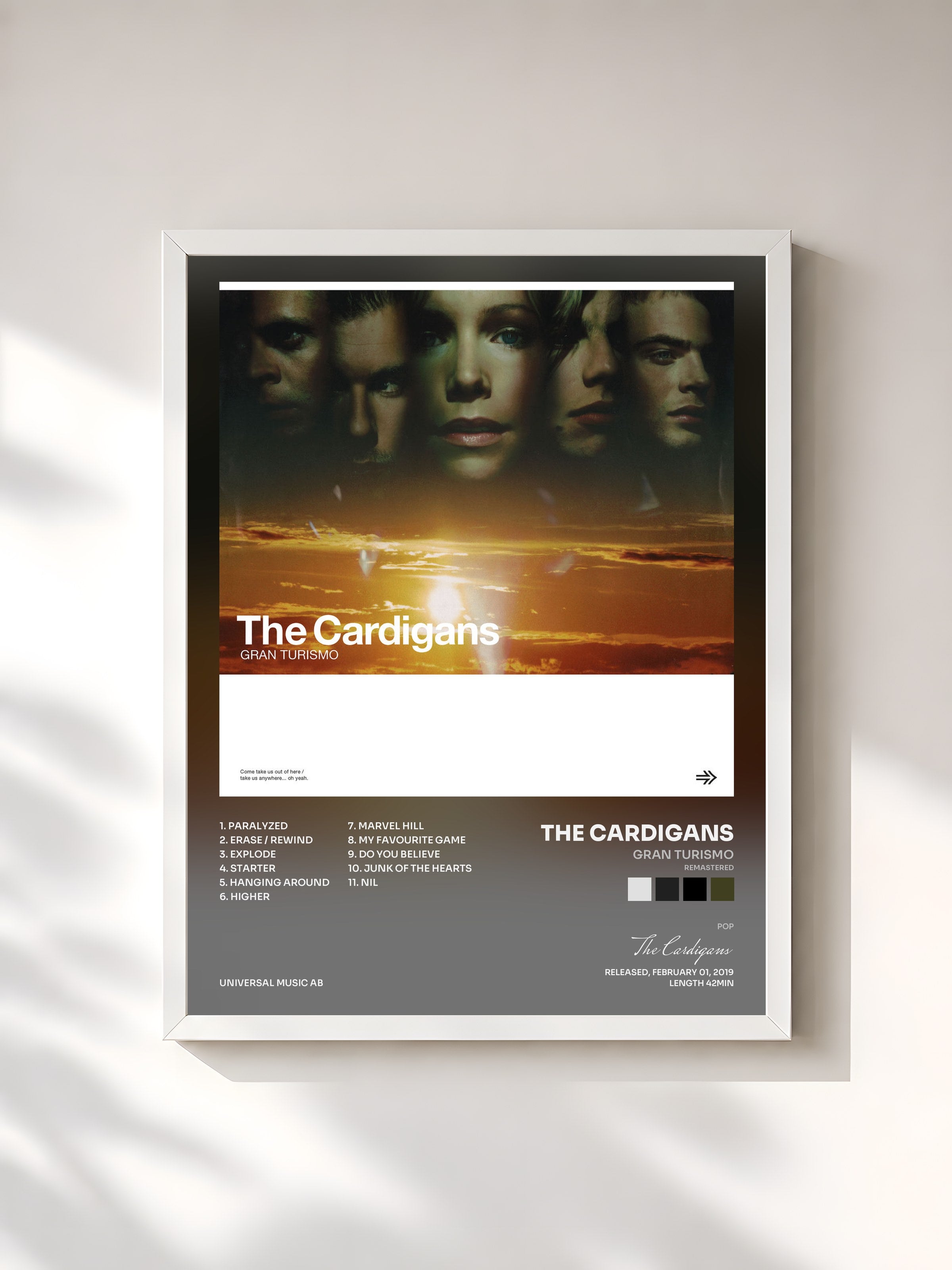 #blanc Tableau de l'album Gran Turismo (Remastered) de The Cardigans, cadre blanc, imprimé et encadré en France