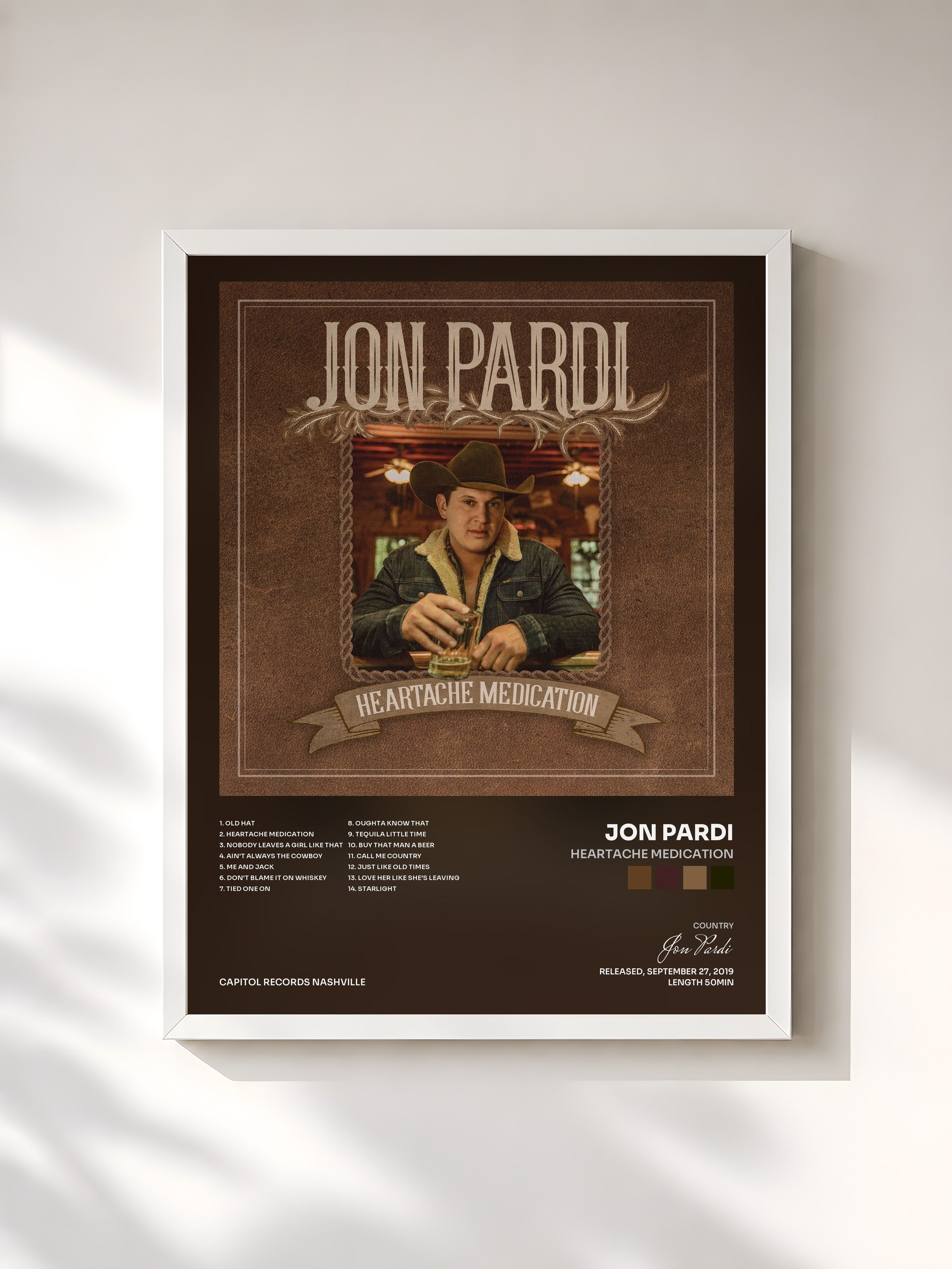 #blanc Tableau de l'album Heartache Medication de Jon Pardi, cadre blanc, imprimé et encadré en France