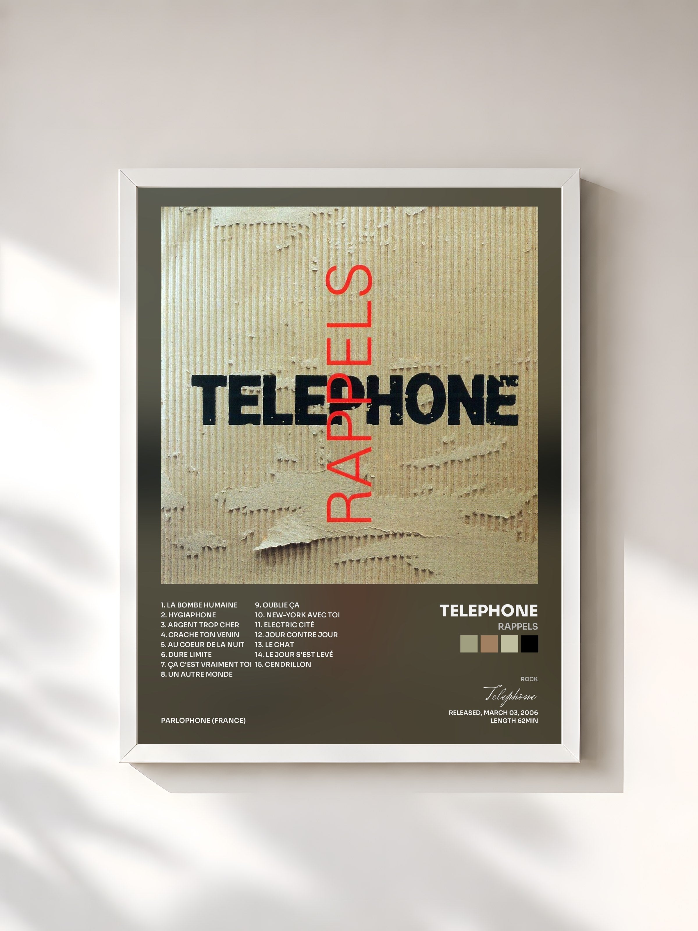 #blanc Tableau de l'album Rappels de Telephone, cadre blanc, imprimé et encadré en France