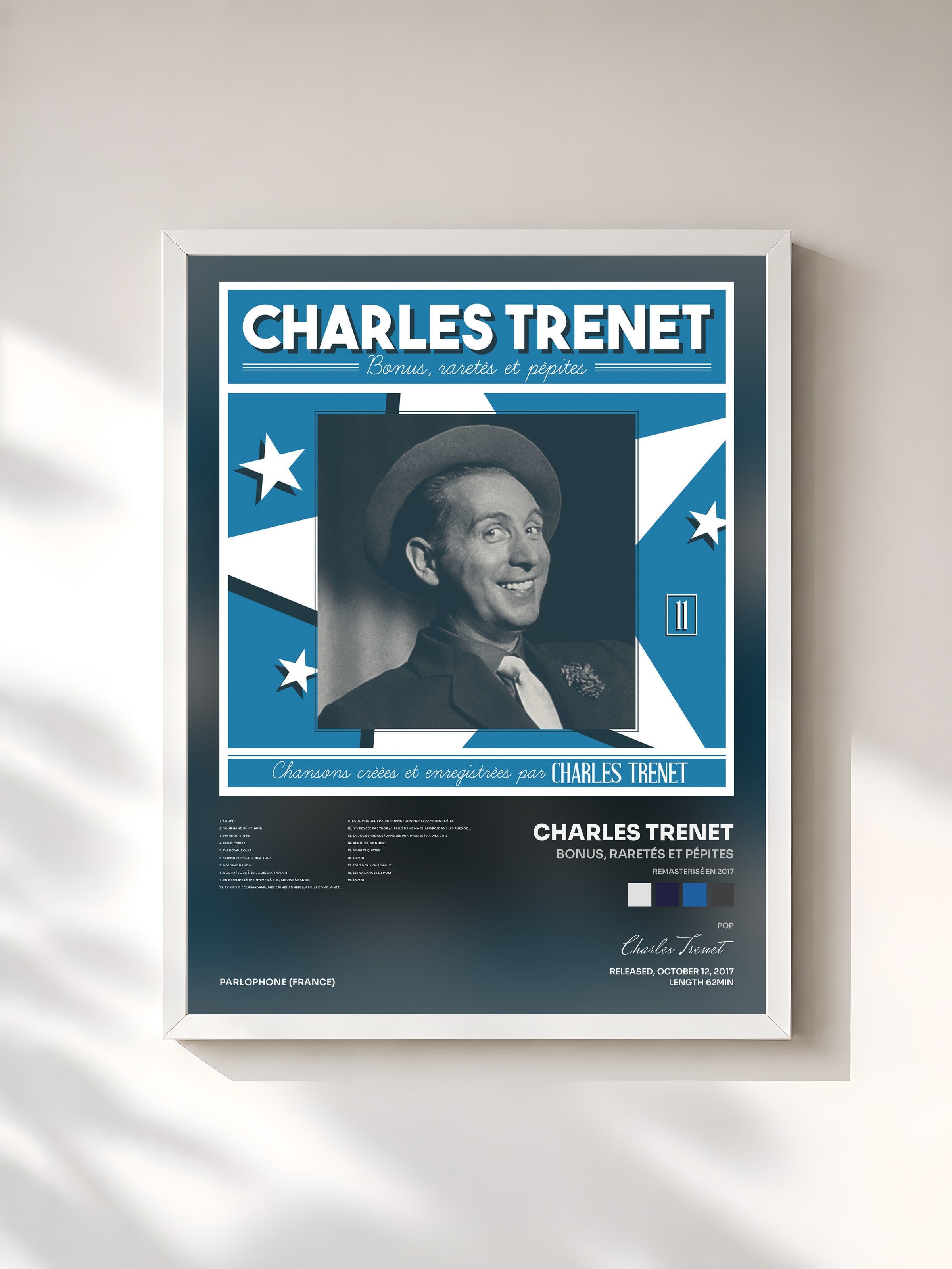 #blanc Tableau de l'album Bonus, raretés et pépites (Remasterisé en 2017) de Charles Trenet, cadre blanc, imprimé et encadré en France