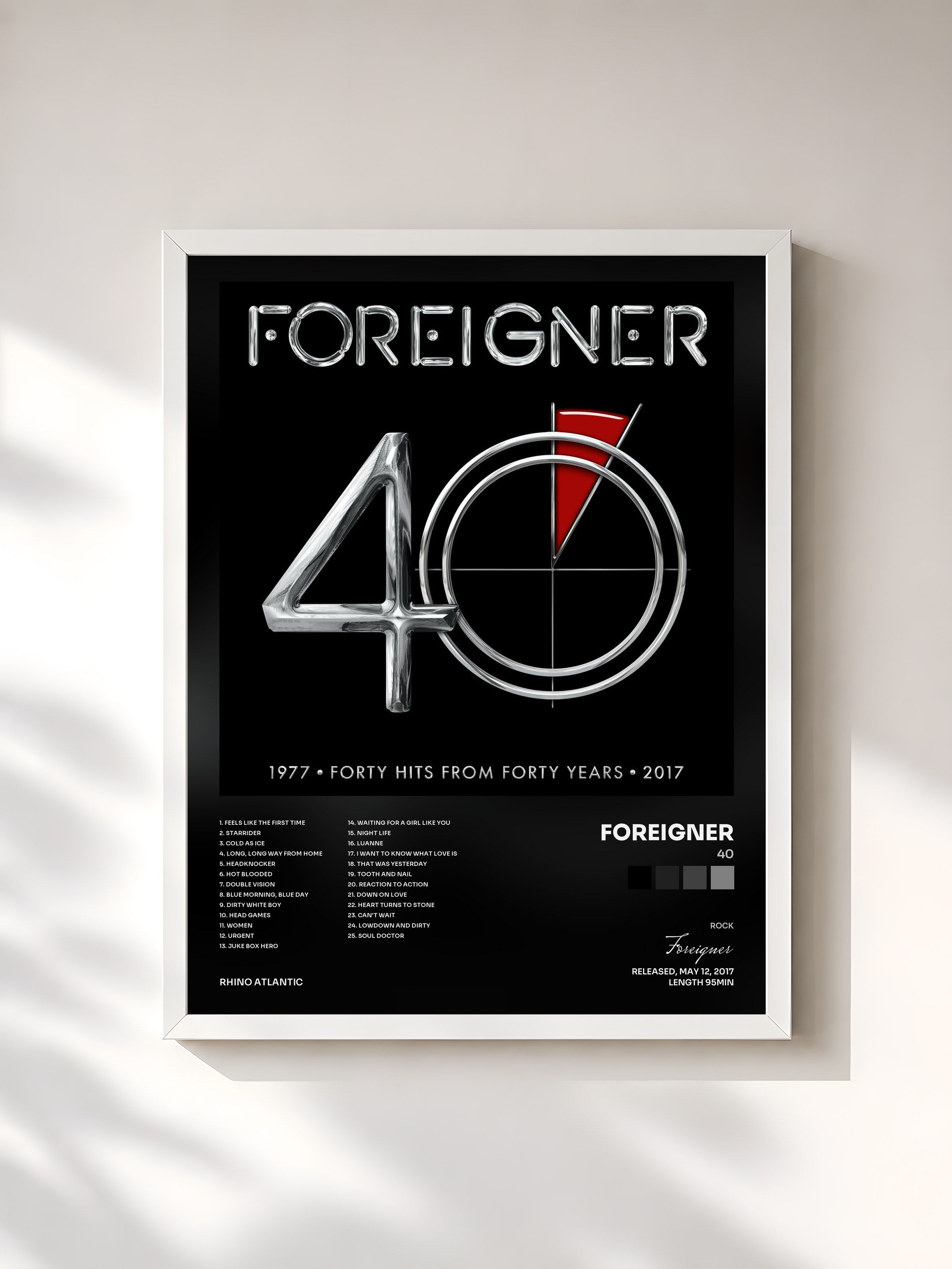 #blanc Tableau de l'album 40 de Foreigner, cadre blanc, imprimé et encadré en France