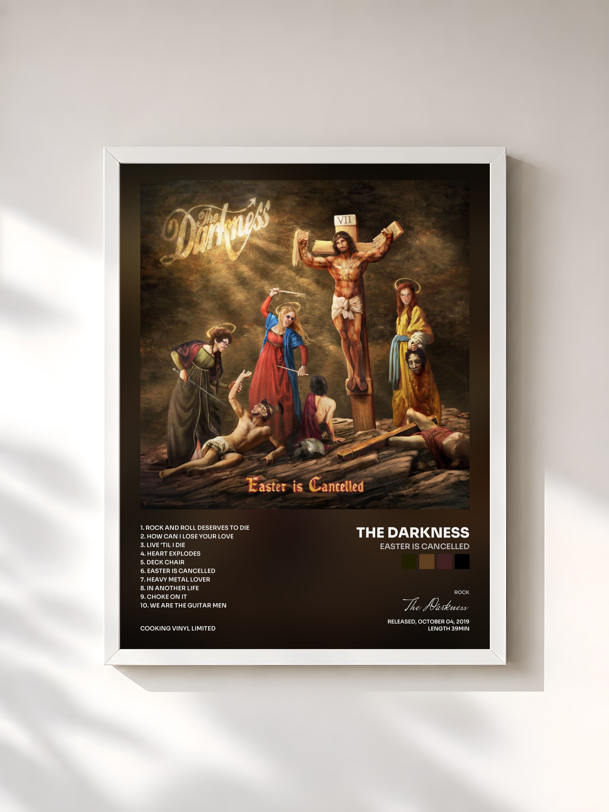 #blanc Tableau de l'album Easter is Cancelled de The Darkness, cadre blanc, imprimé et encadré en France