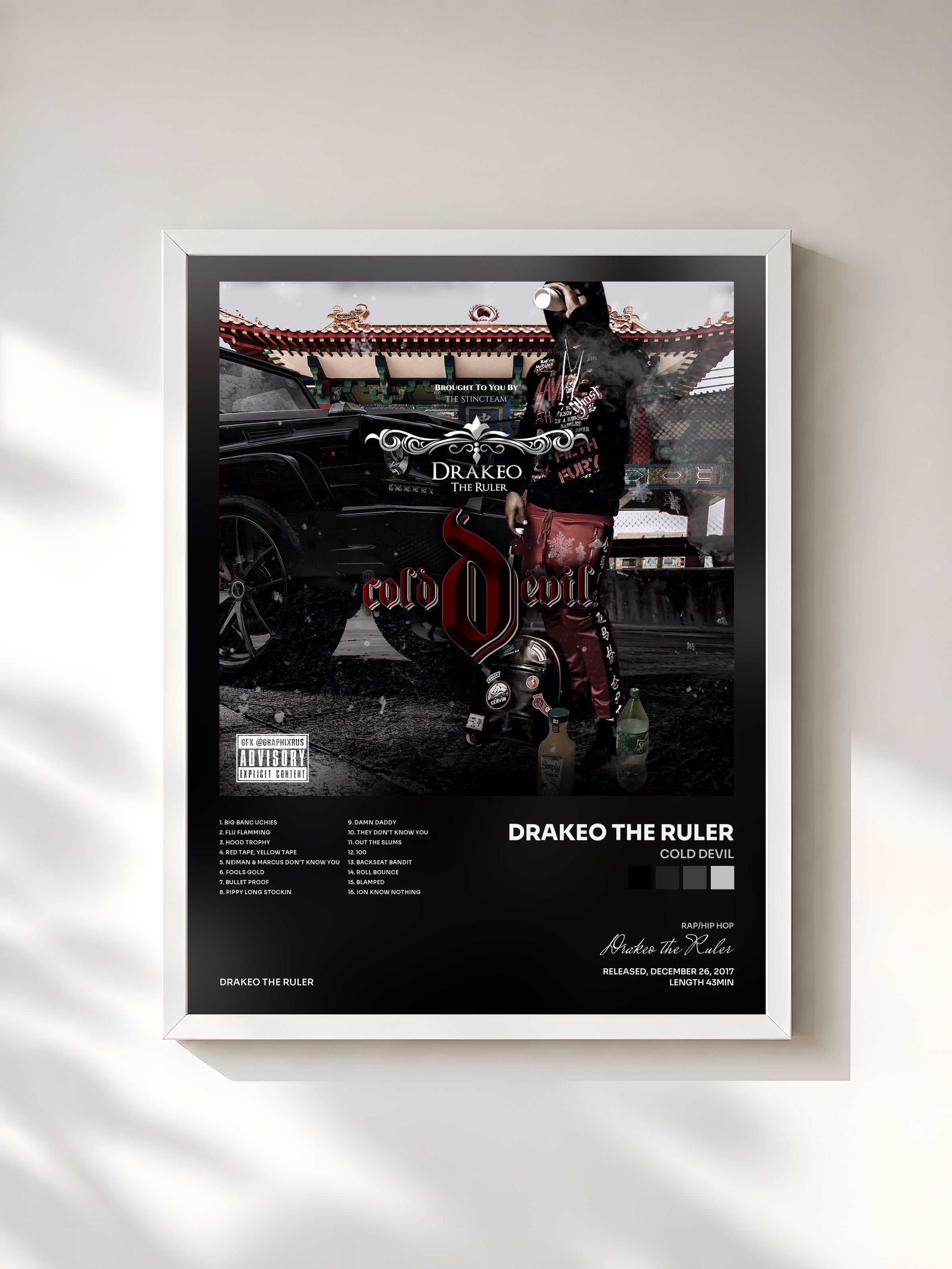 #blanc Tableau de l'album Cold Devil de Drakeo the Ruler, cadre blanc, imprimé et encadré en France