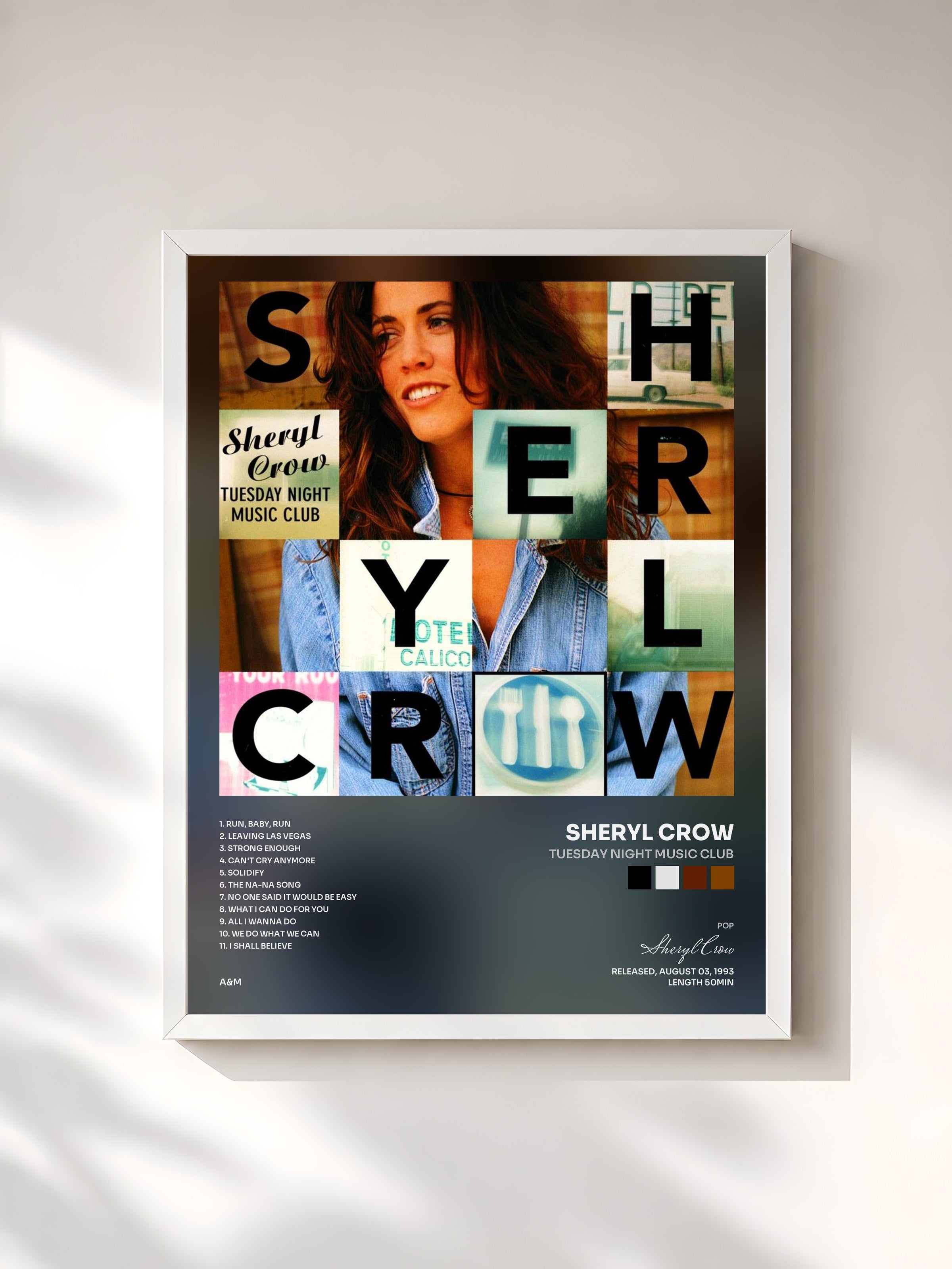 #blanc Tableau de l'album Tuesday Night Music Club de Sheryl Crow, cadre blanc, imprimé et encadré en France