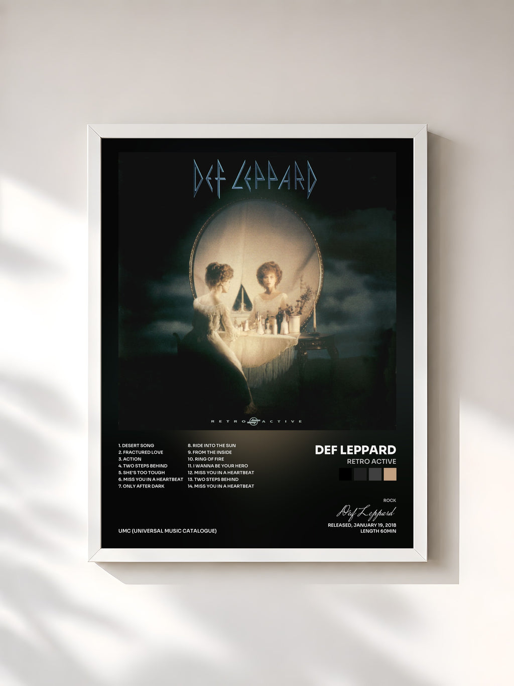 #blanc Tableau de l'album Retro Active de Def Leppard, cadre blanc, imprimé et encadré en France