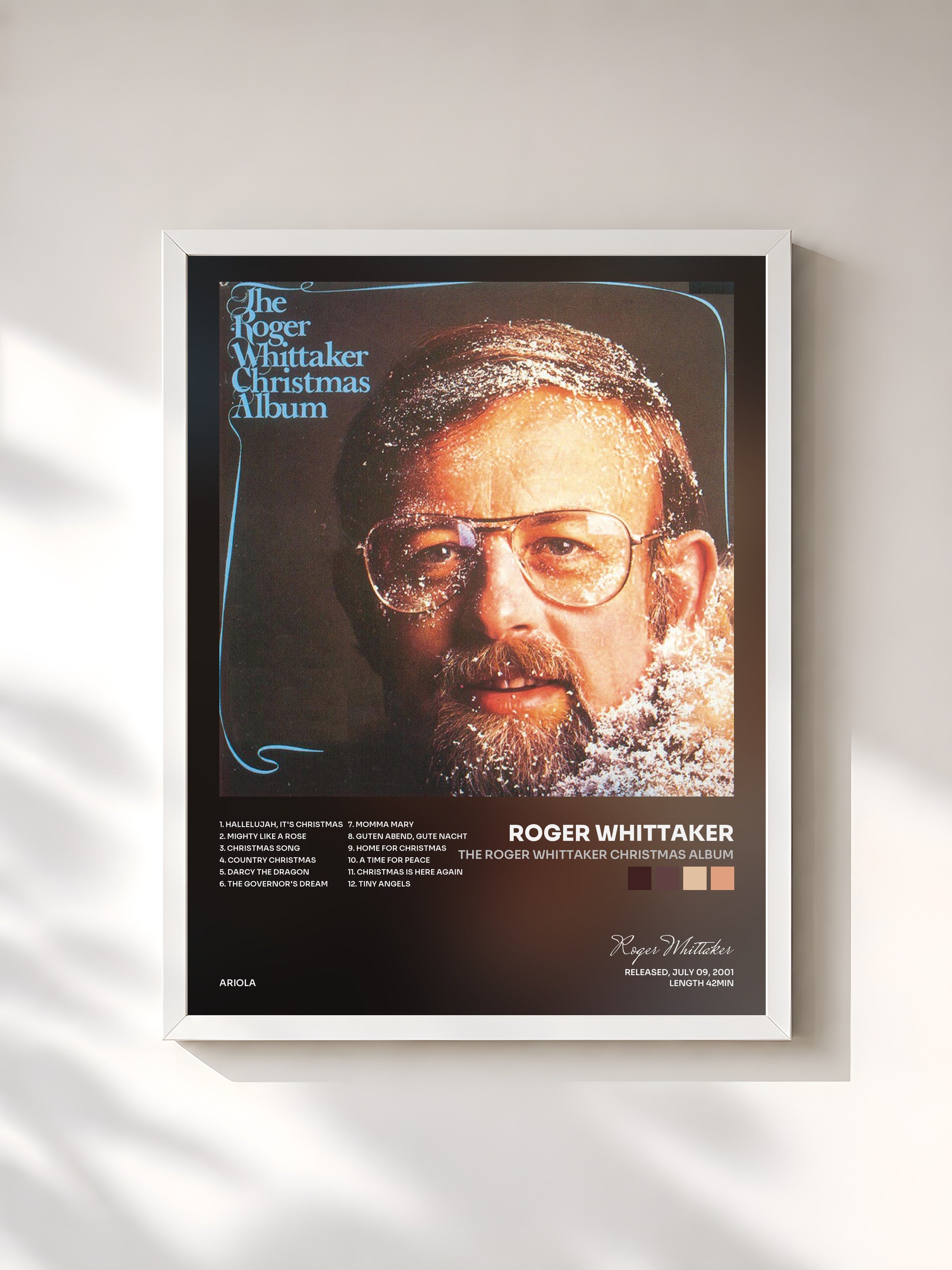 #blanc Tableau de l'album The Roger Whittaker Christmas Album de Roger Whittaker, cadre blanc, imprimé et encadré en France