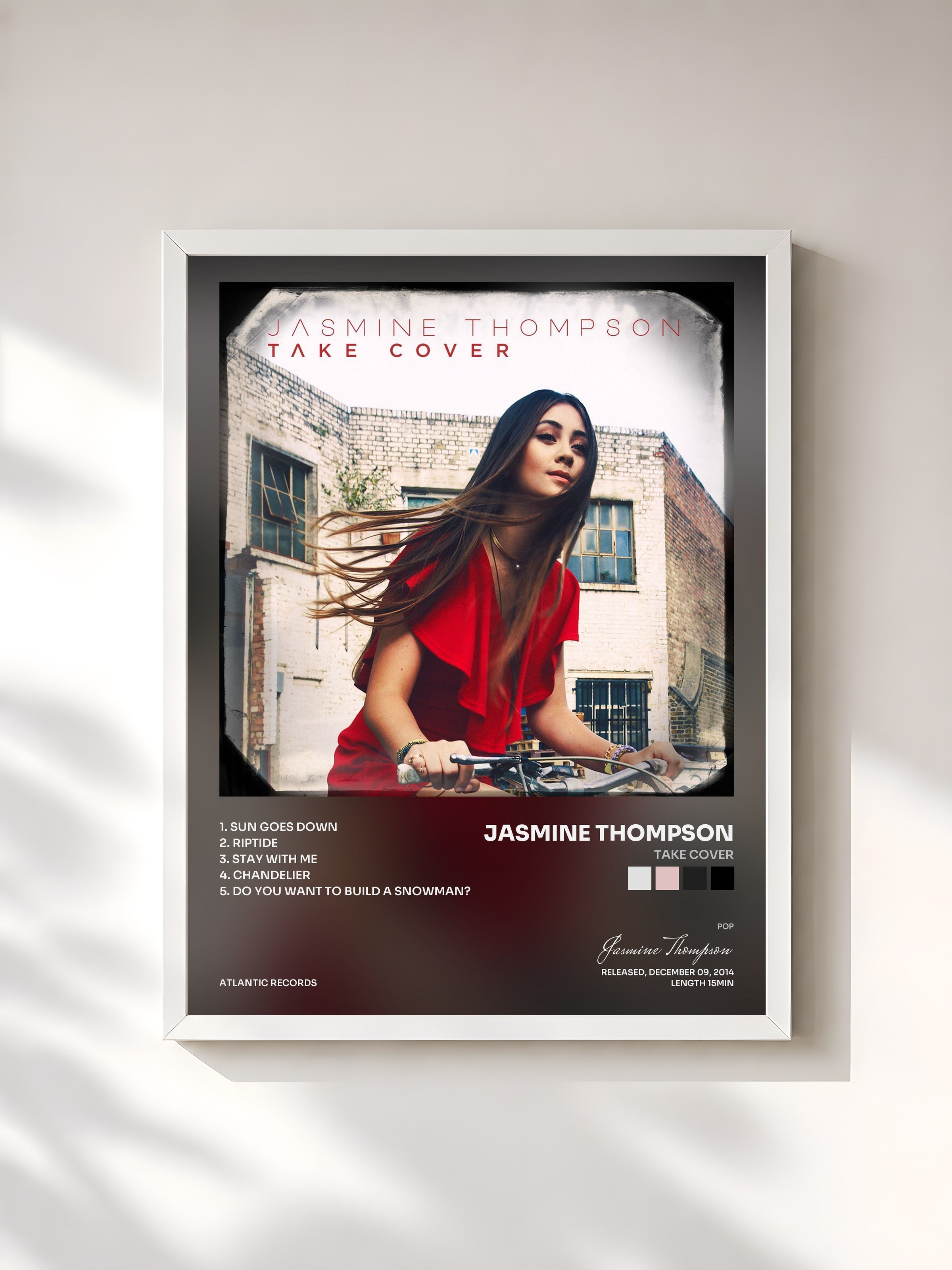 #blanc Tableau de l'album Take Cover de Jasmine Thompson, cadre blanc, imprimé et encadré en France
