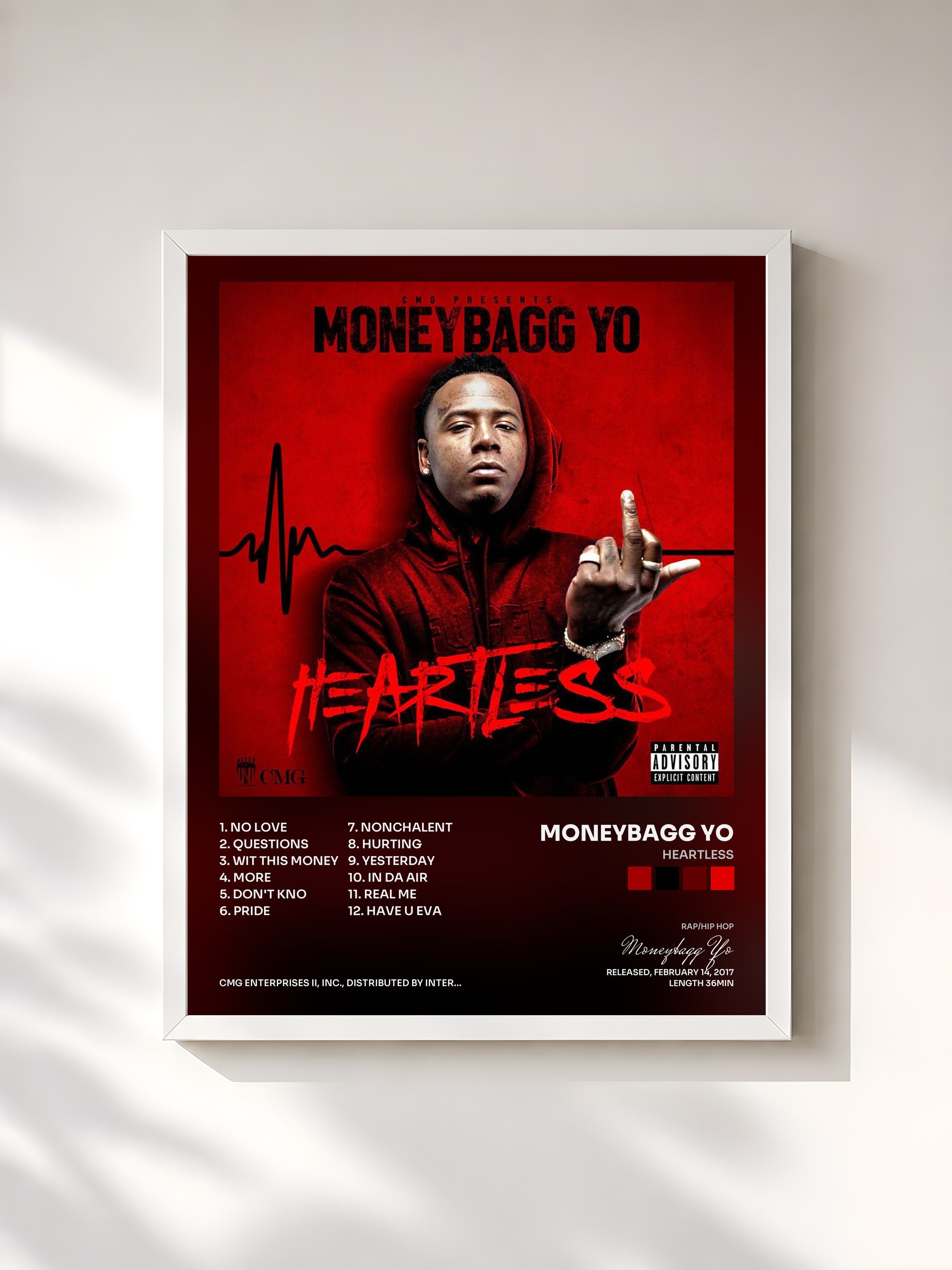 #blanc Tableau de l'album Heartless de Moneybagg Yo, cadre blanc, imprimé et encadré en France