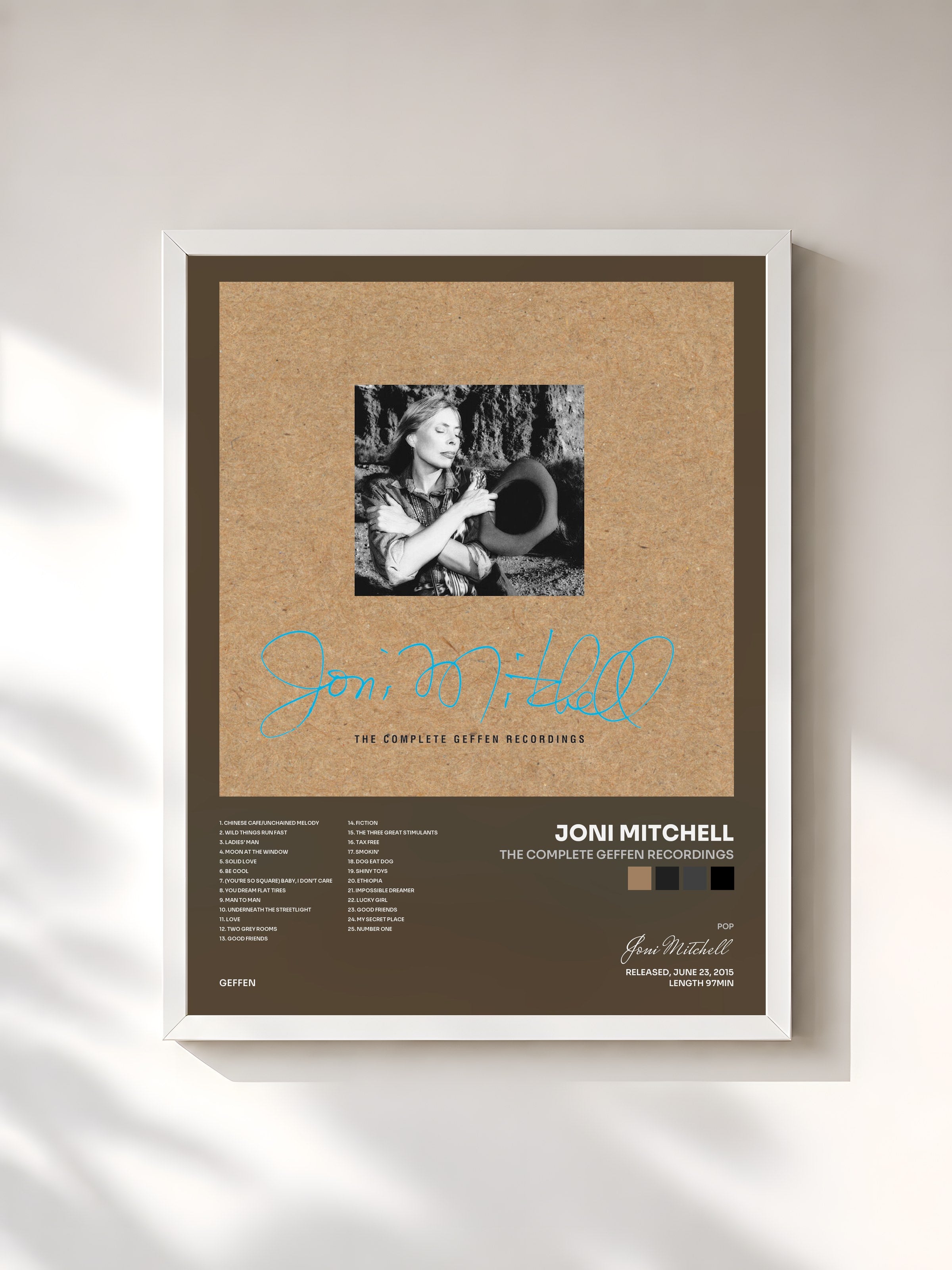 #blanc Tableau de l'album The Complete Geffen Recordings de Joni Mitchell, cadre blanc, imprimé et encadré en France