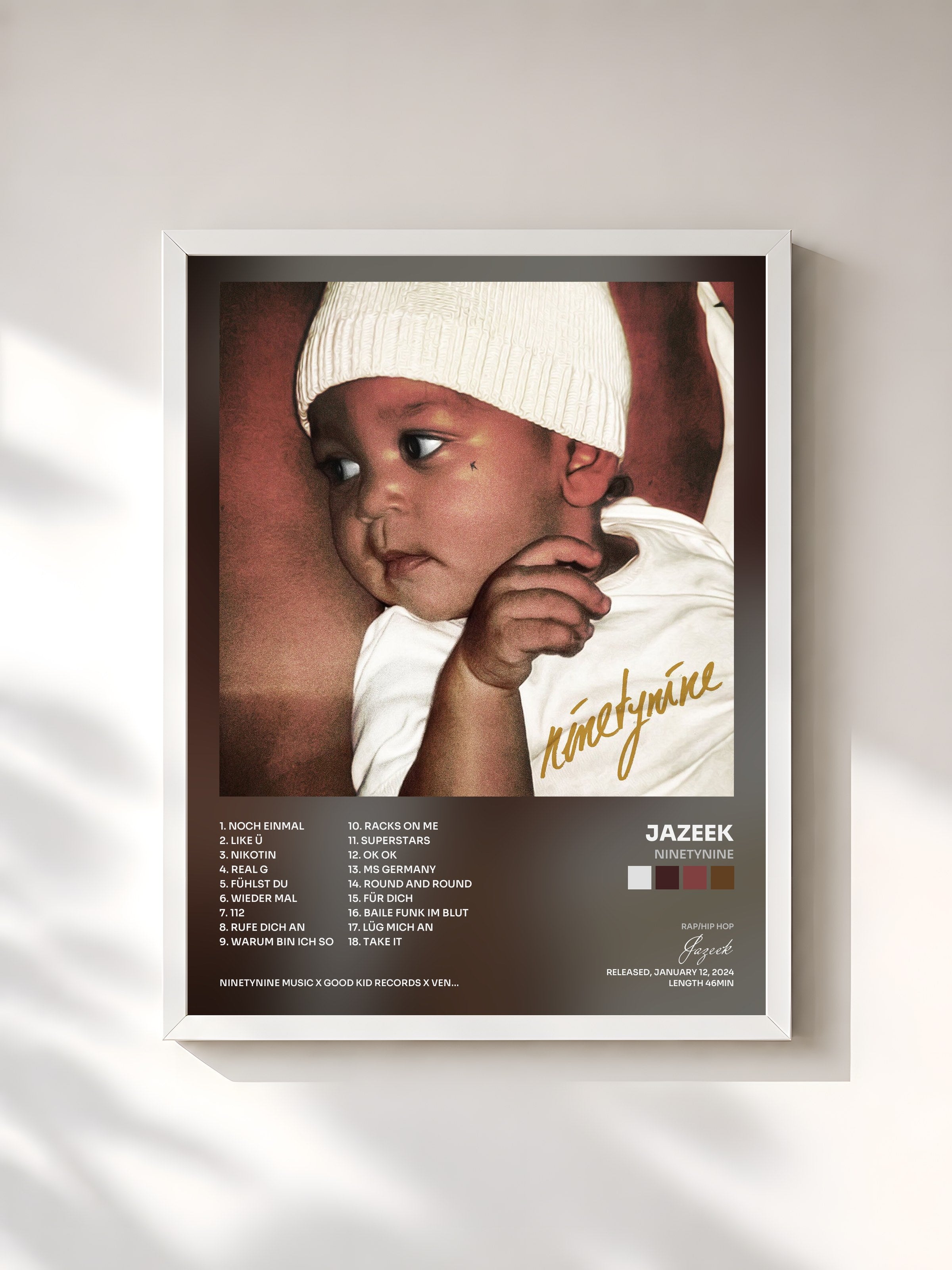 #blanc Tableau de l'album NINETYNINE de Jazeek, cadre blanc, imprimé et encadré en France