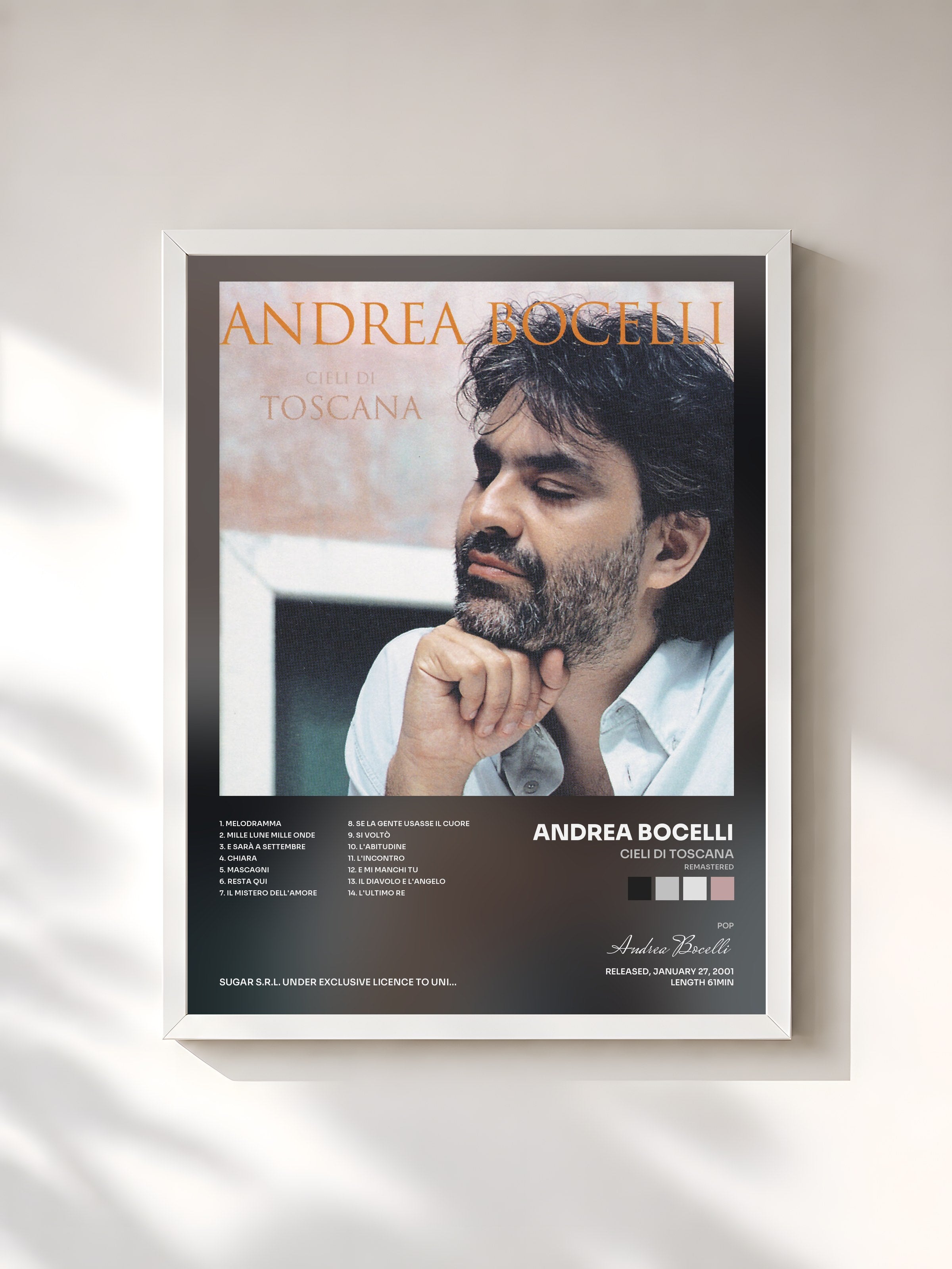 #blanc Tableau de l'album Cieli Di Toscana (Remastered) de Andrea Bocelli, cadre blanc, imprimé et encadré en France