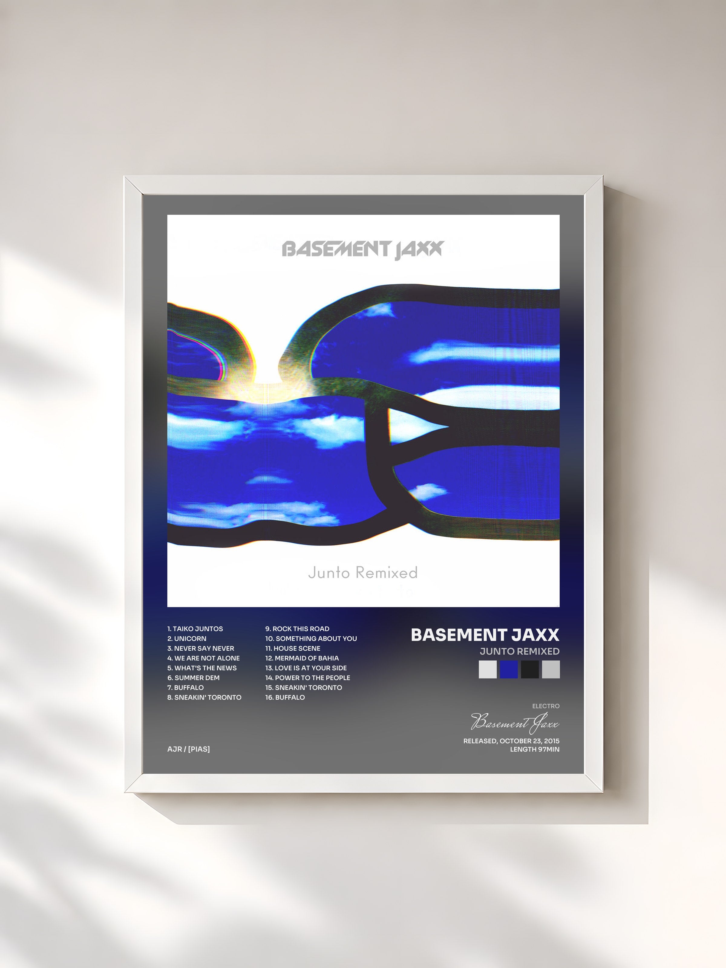 #blanc Tableau de l'album Junto Remixed de Basement Jaxx, cadre blanc, imprimé et encadré en France