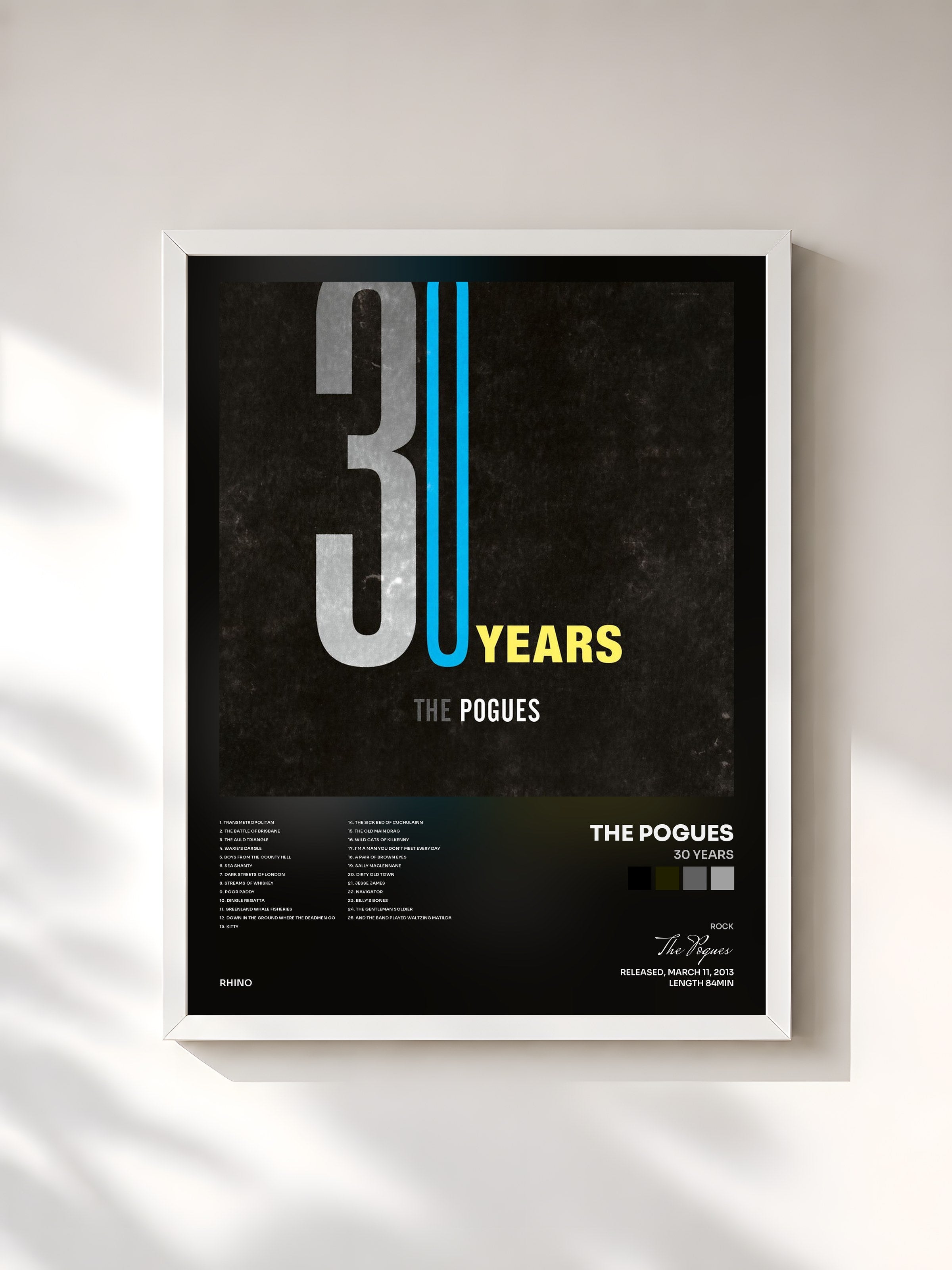 #blanc Tableau de l'album 30 Years de The Pogues, cadre blanc, imprimé et encadré en France