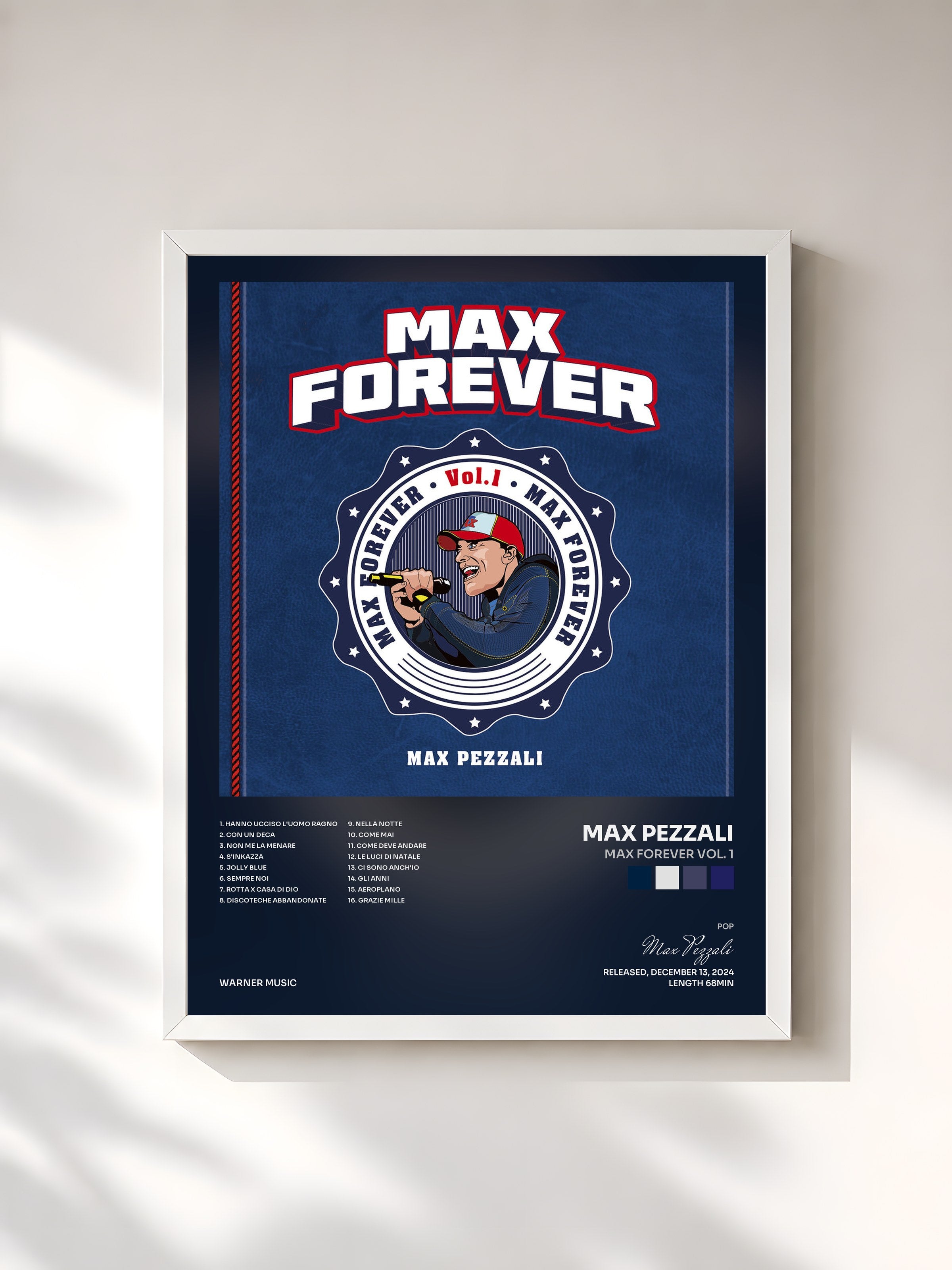 #blanc Tableau de l'album Max Forever Vol. 1 de Max Pezzali, cadre blanc, imprimé et encadré en France