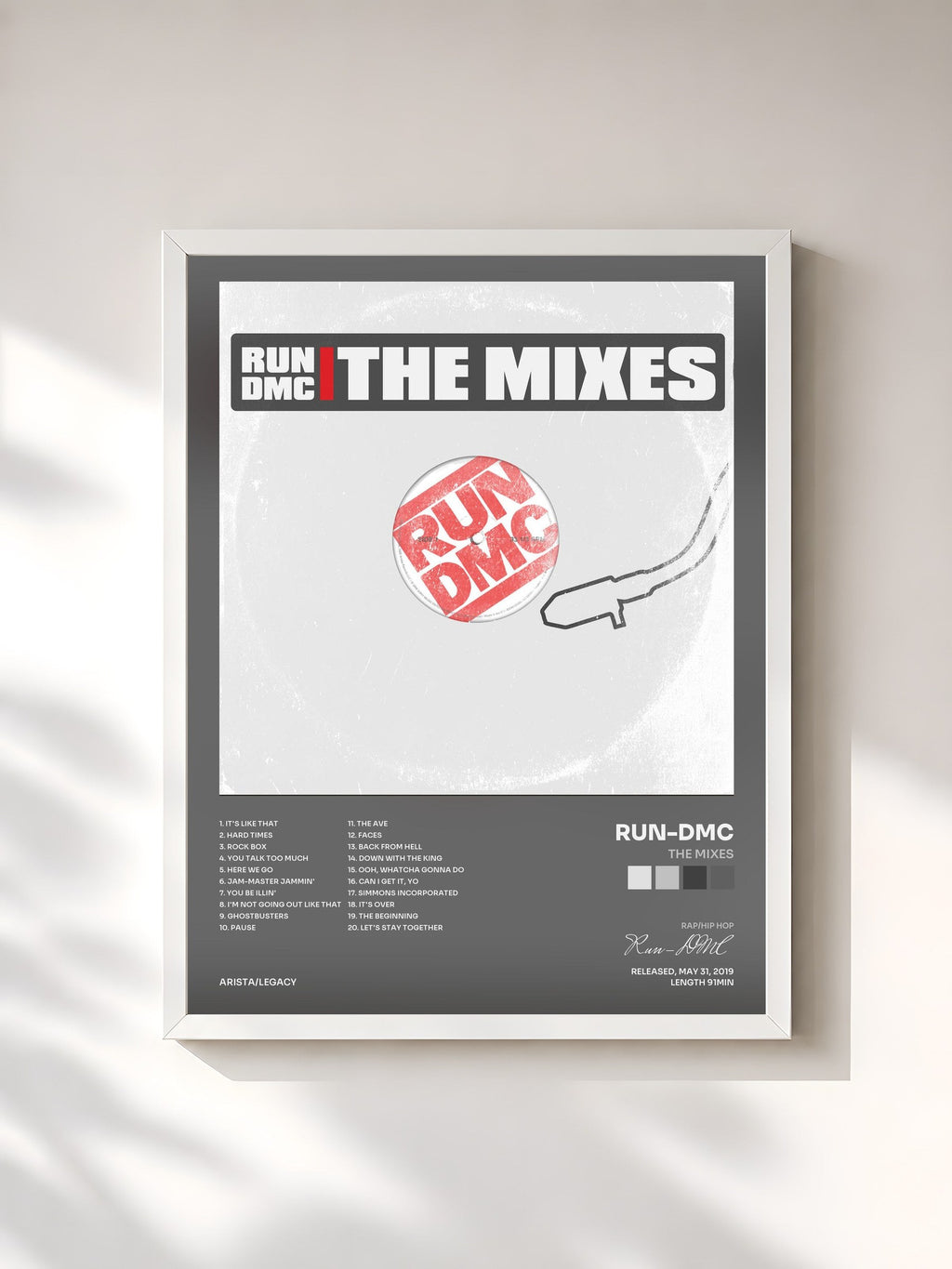 #blanc Tableau de l'album The Mixes de Run-DMC, cadre blanc, imprimé et encadré en France