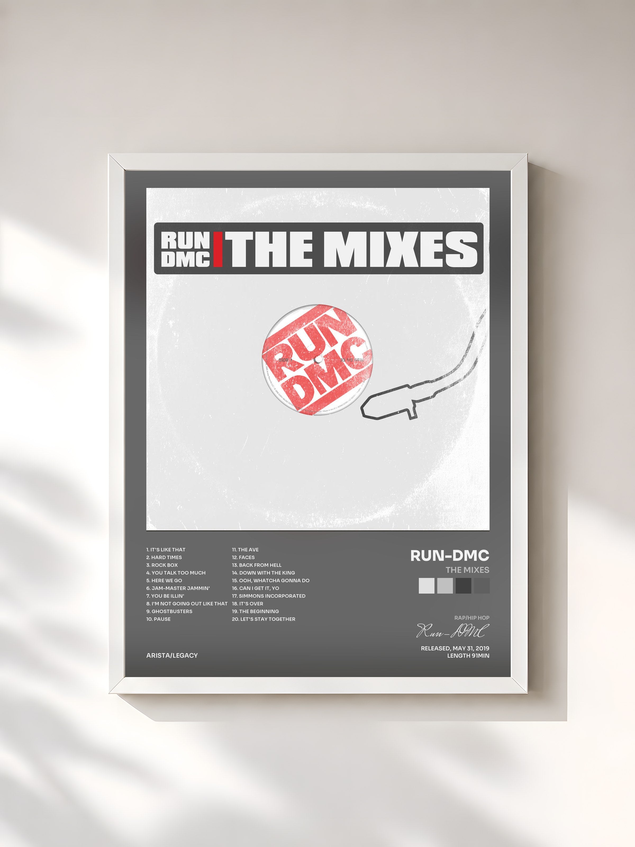 #blanc Tableau de l'album The Mixes de Run-DMC, cadre blanc, imprimé et encadré en France