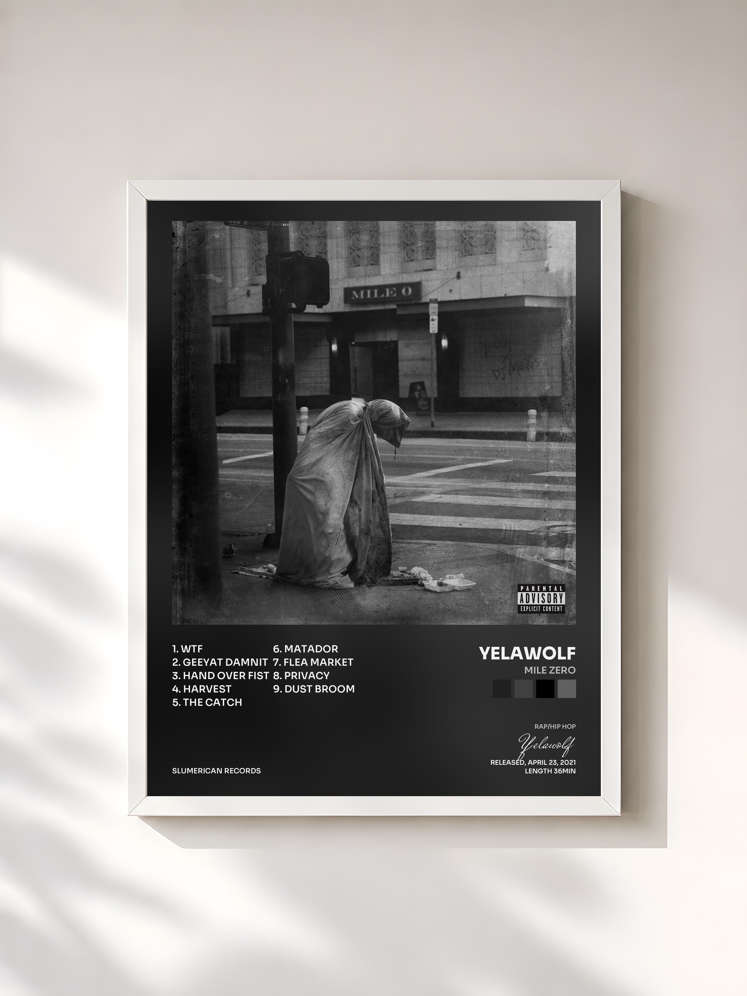 #blanc Tableau de l'album Mile Zero de Yelawolf, cadre blanc, imprimé et encadré en France