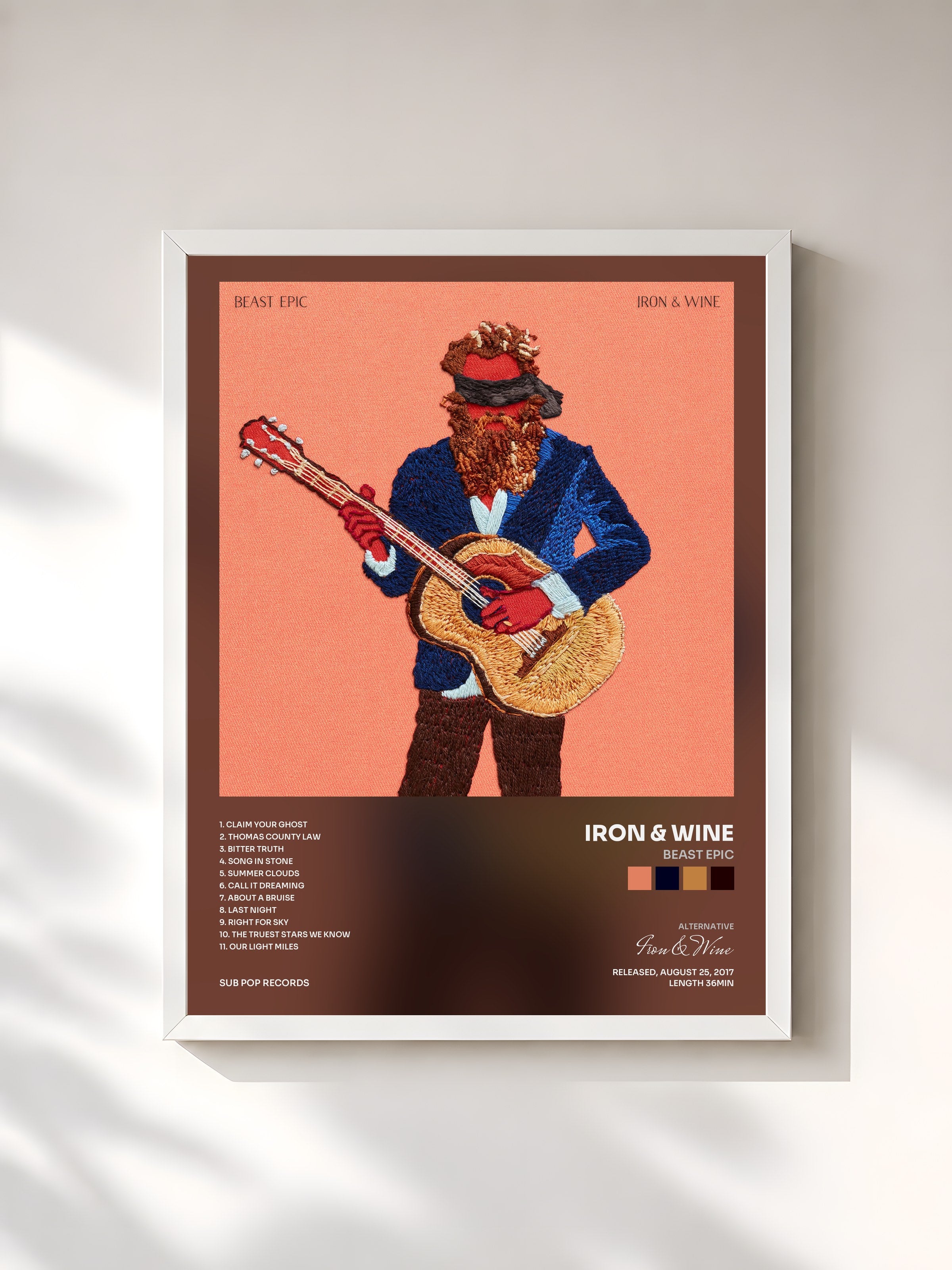 #blanc Tableau de l'album Beast Epic de Iron & Wine, cadre blanc, imprimé et encadré en France