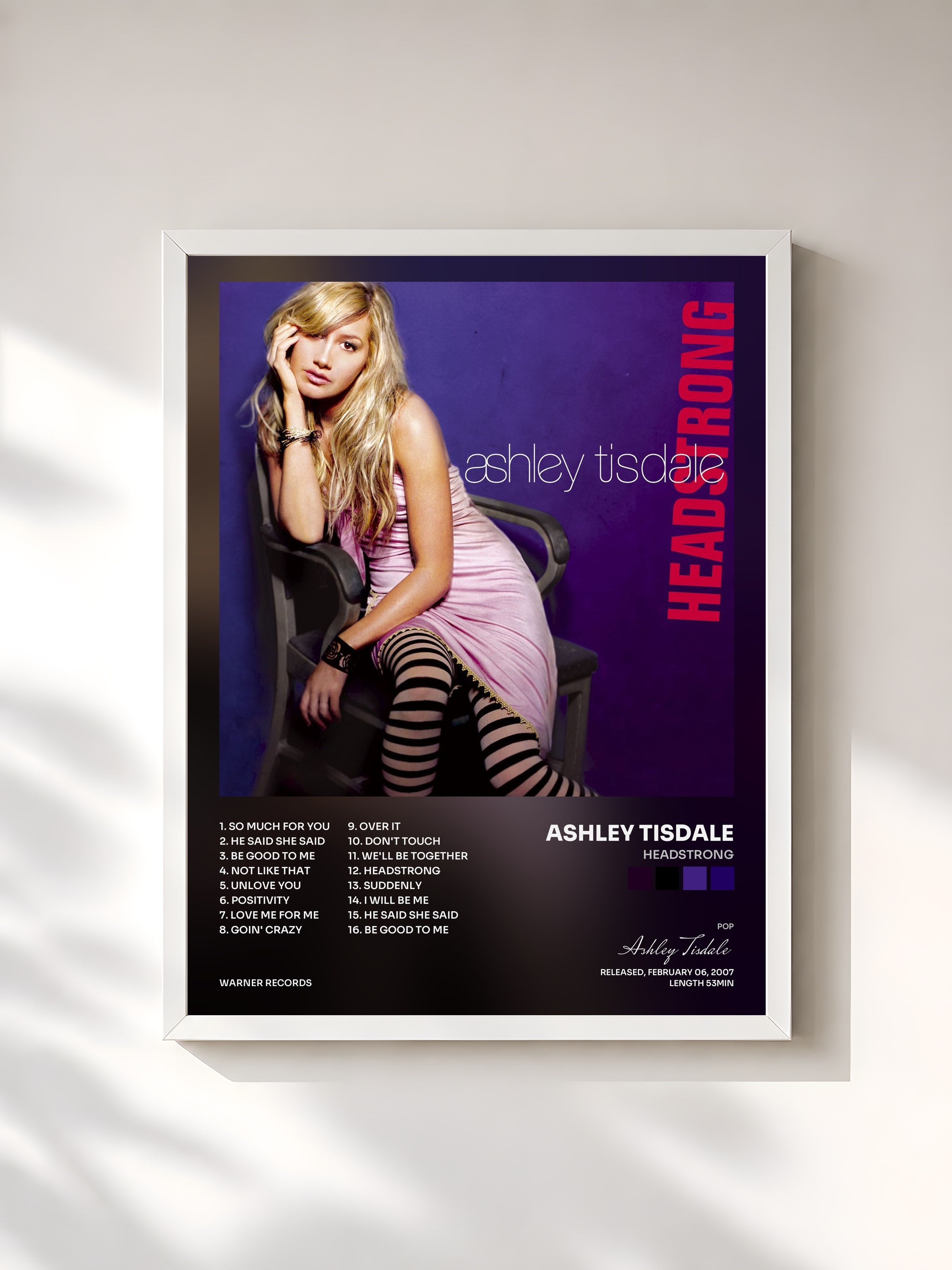 #blanc Tableau de l'album Headstrong de Ashley Tisdale, cadre blanc, imprimé et encadré en France