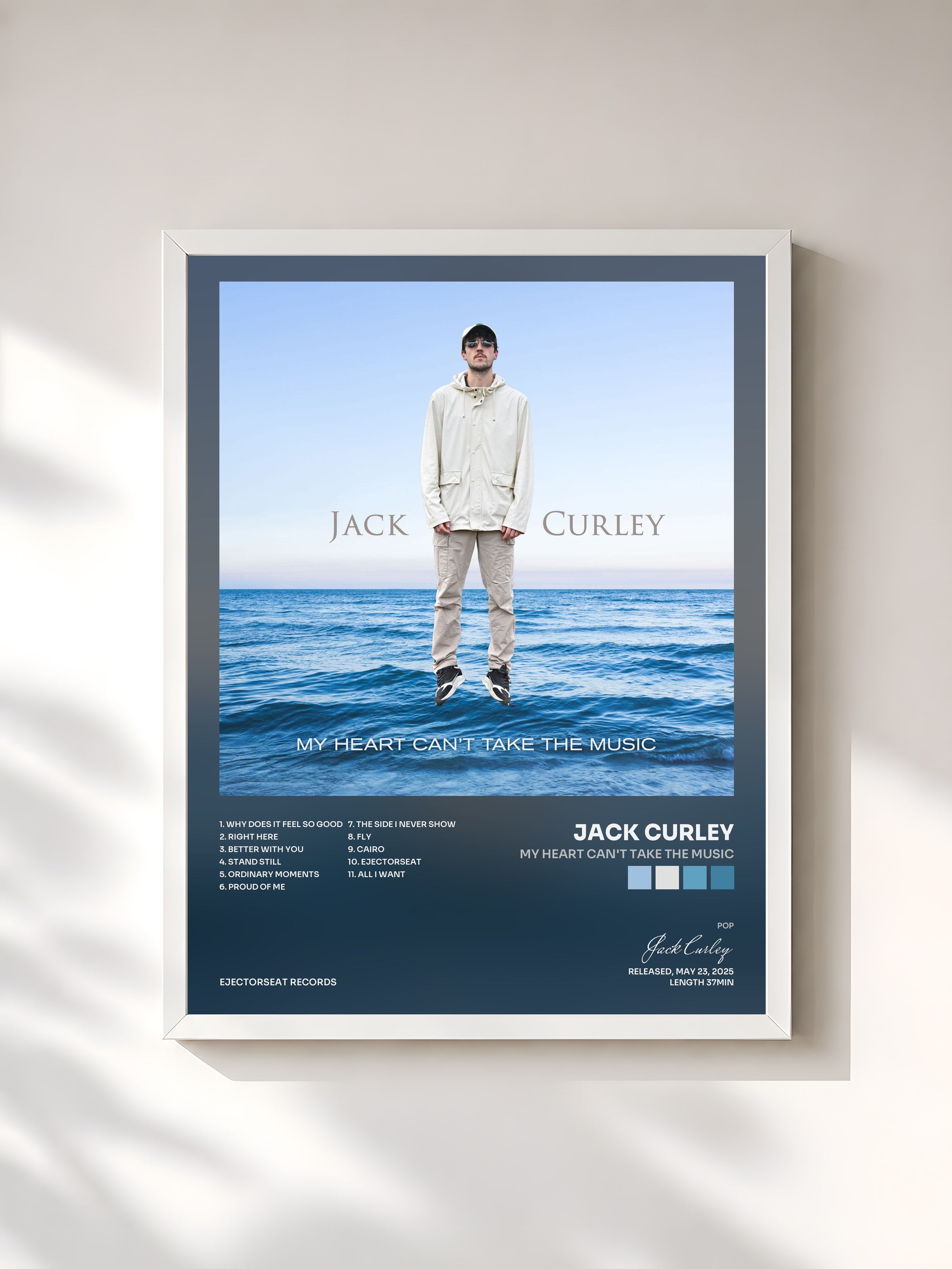 #blanc Tableau de l'album My Heart Can't Take the Music de Jack Curley, cadre blanc, imprimé et encadré en France