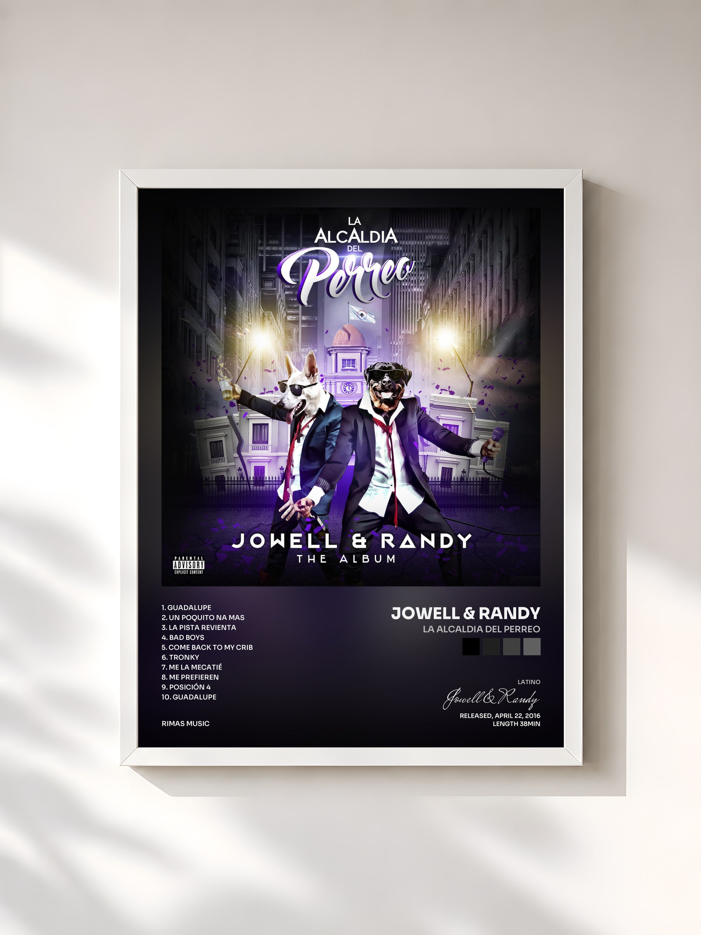 #blanc Tableau de l'album La Alcaldia Del Perreo de Jowell & Randy, cadre blanc, imprimé et encadré en France