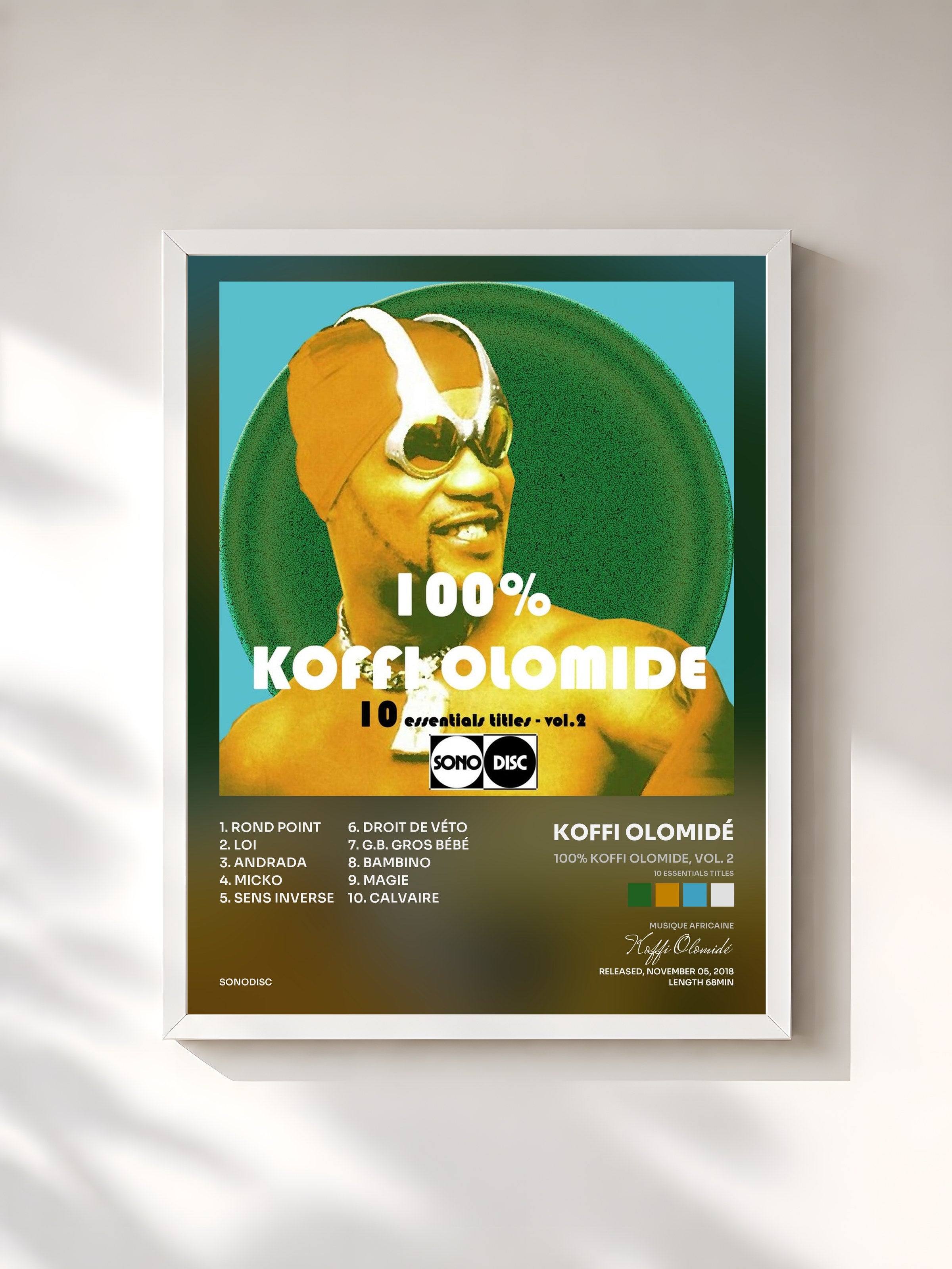#blanc Tableau de l'album 100% Koffi Olomide, vol. 2 (10 Essentials Titles) de Koffi Olomidé, cadre blanc, imprimé et encadré en France
