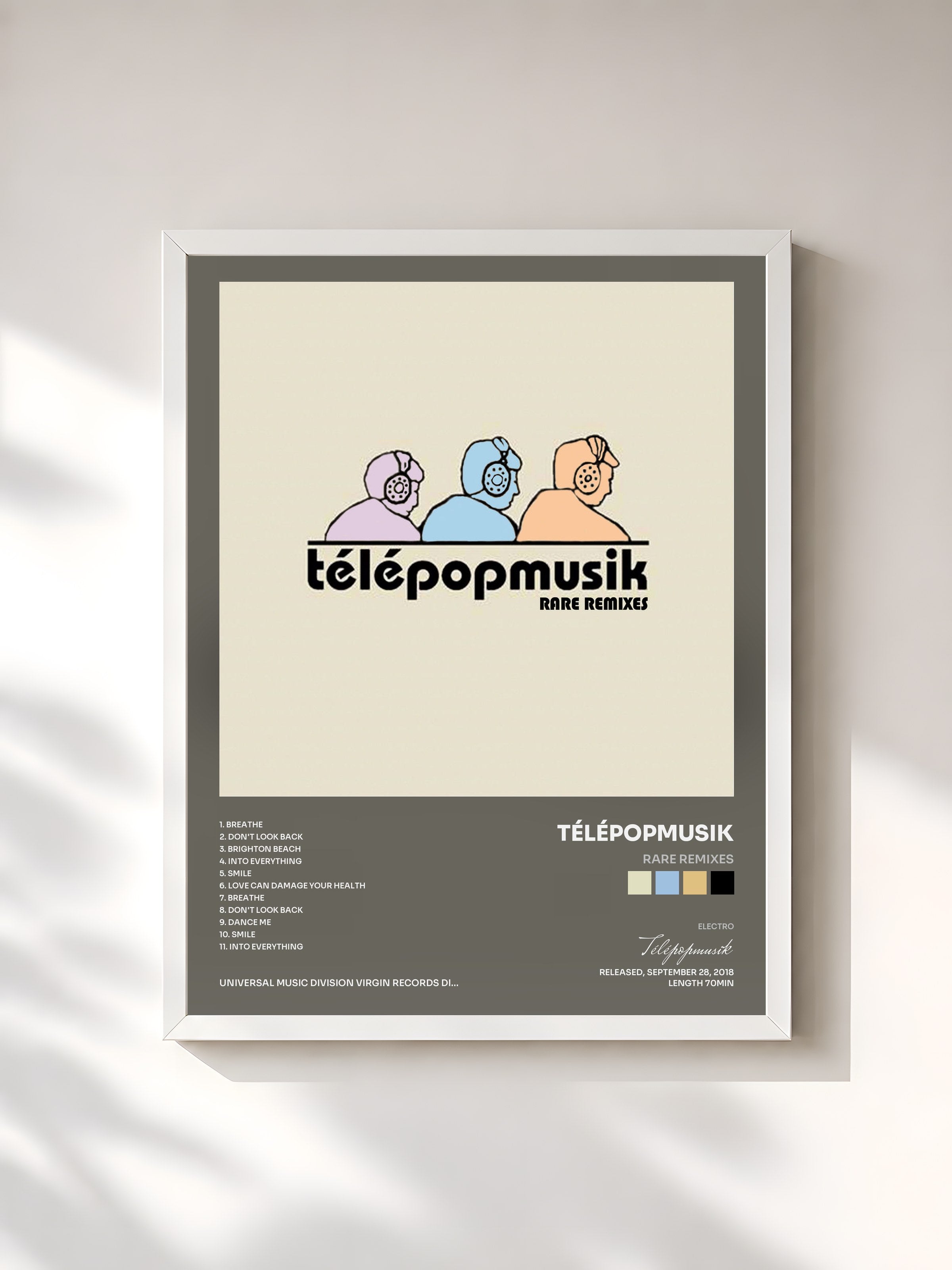 #blanc Tableau de l'album Rare Remixes de Télépopmusik, cadre blanc, imprimé et encadré en France