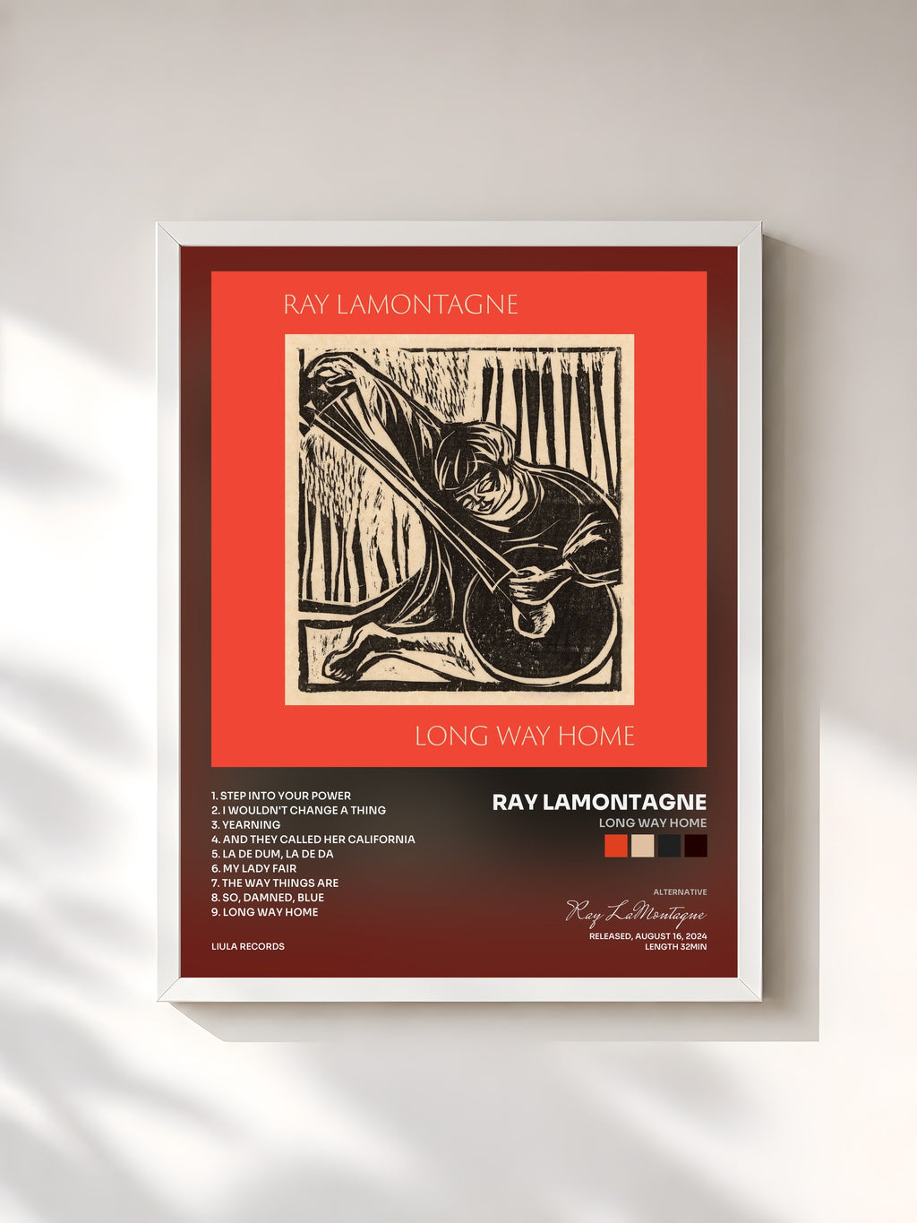 #blanc Tableau de l'album Long Way Home de Ray LaMontagne, cadre blanc, imprimé et encadré en France