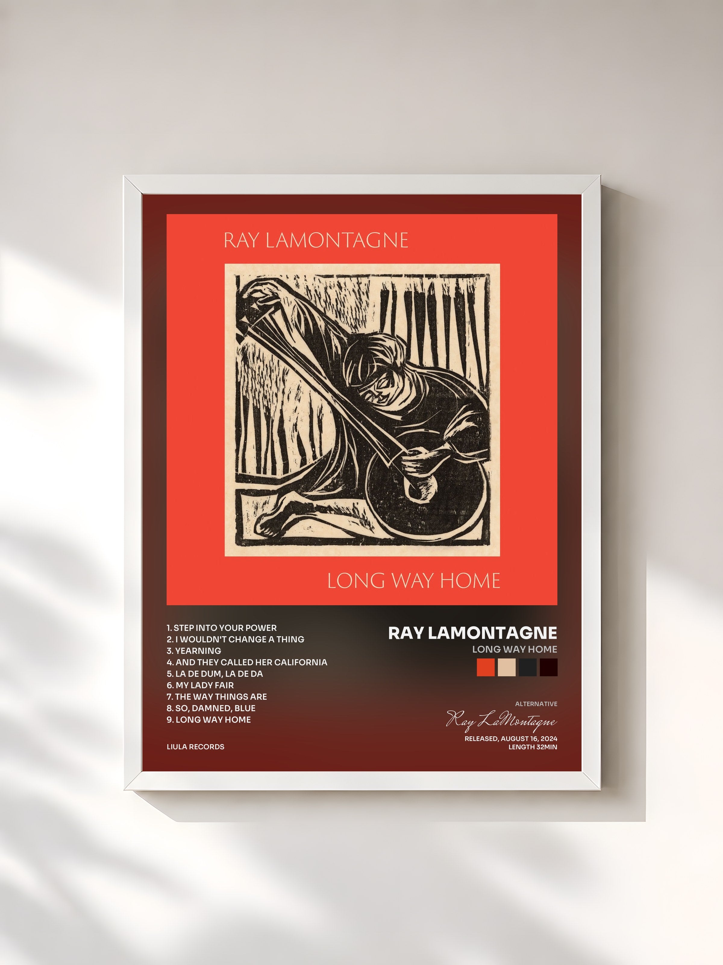 #blanc Tableau de l'album Long Way Home de Ray LaMontagne, cadre blanc, imprimé et encadré en France