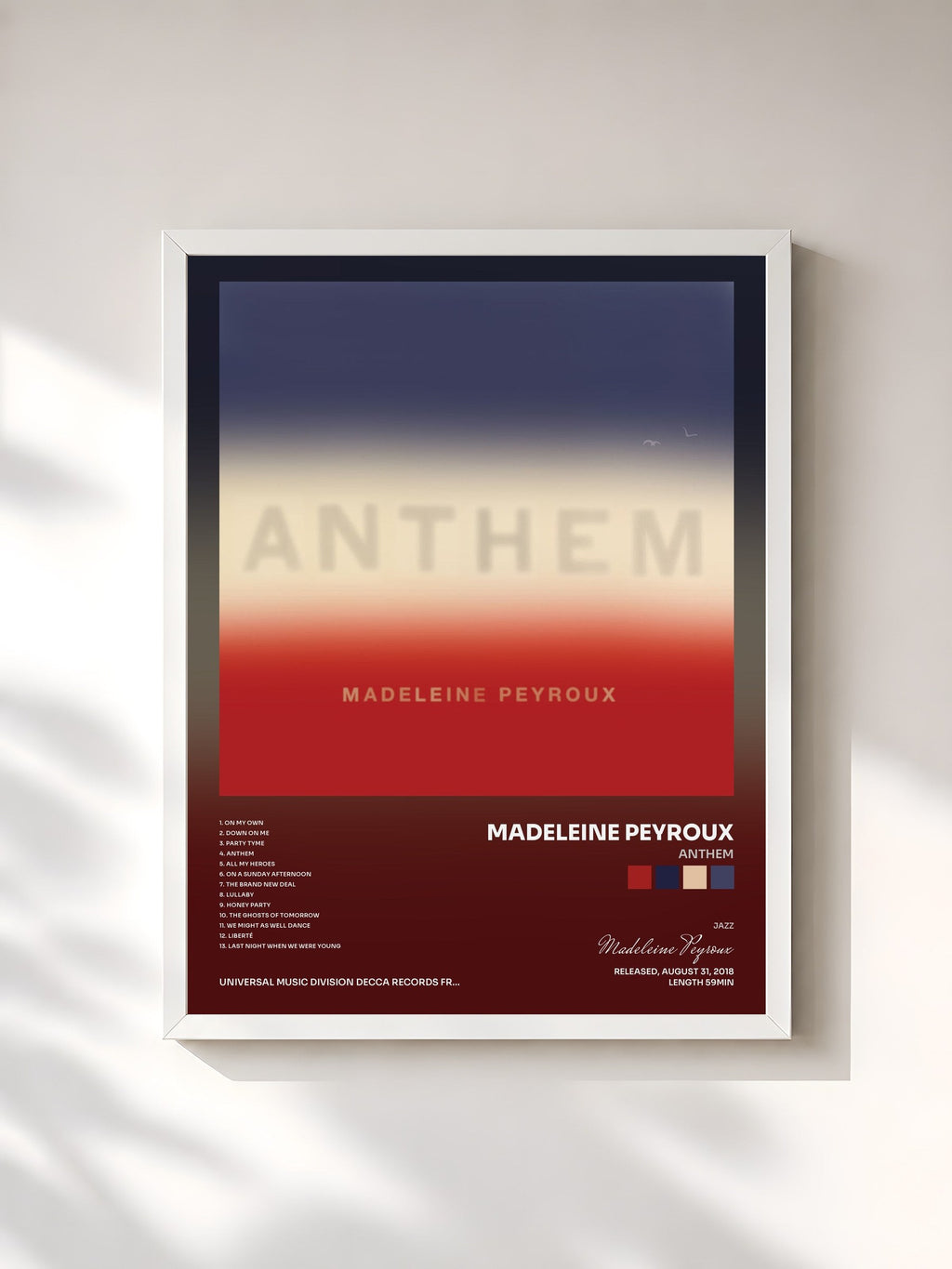 #blanc Anthem by Madeleine Peyroux as a framed art print, white frame, printed and framed in France