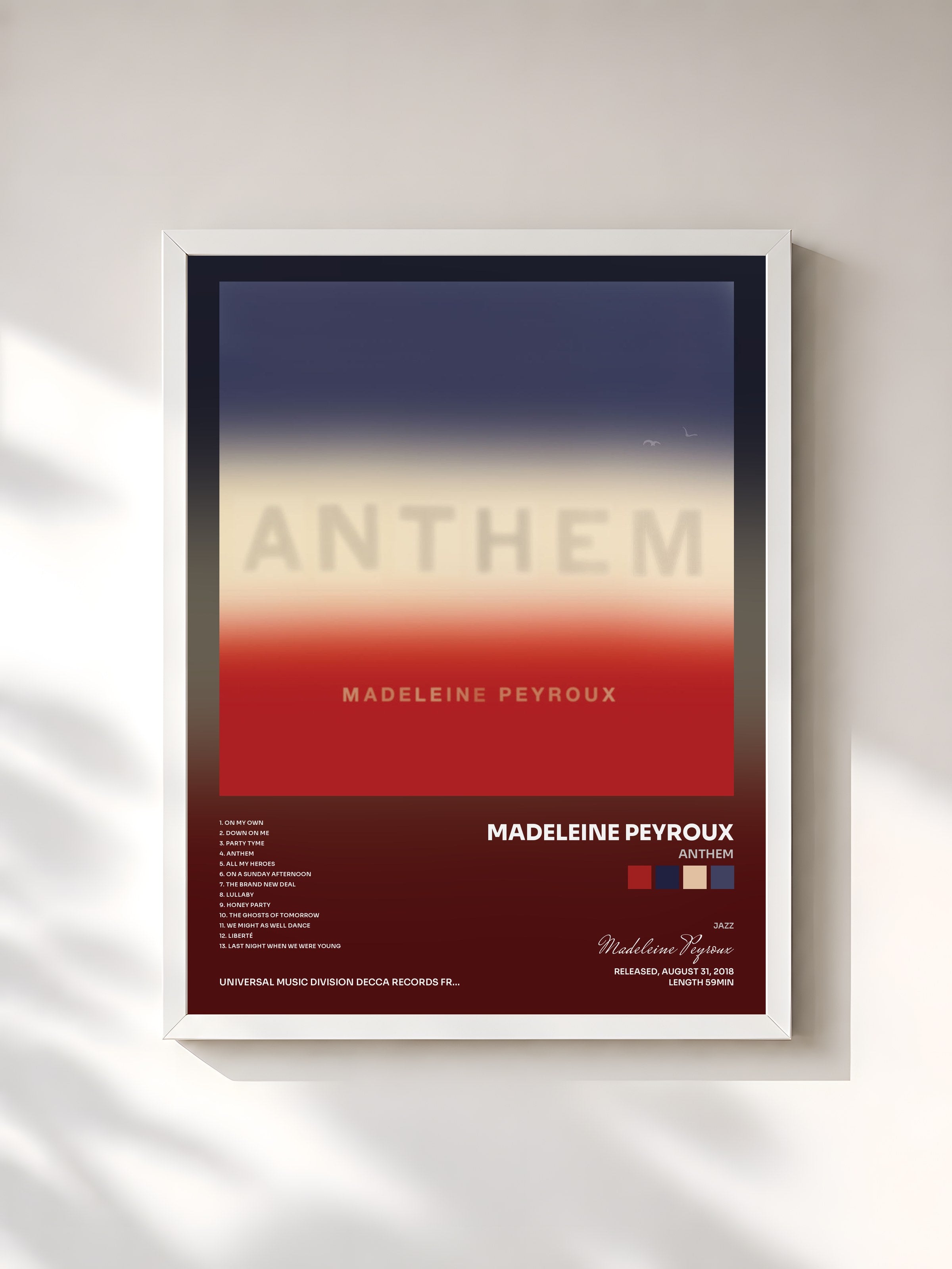 #blanc Tableau de l'album Anthem de Madeleine Peyroux, cadre blanc, imprimé et encadré en France