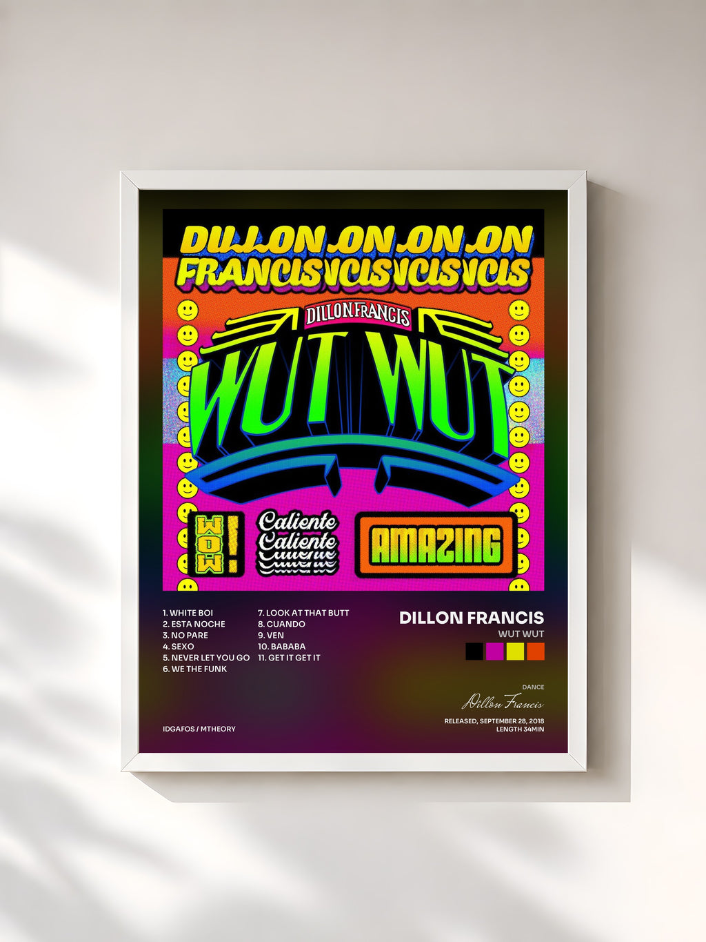 #blanc Tableau de l'album WUT WUT de Dillon Francis, cadre blanc, imprimé et encadré en France