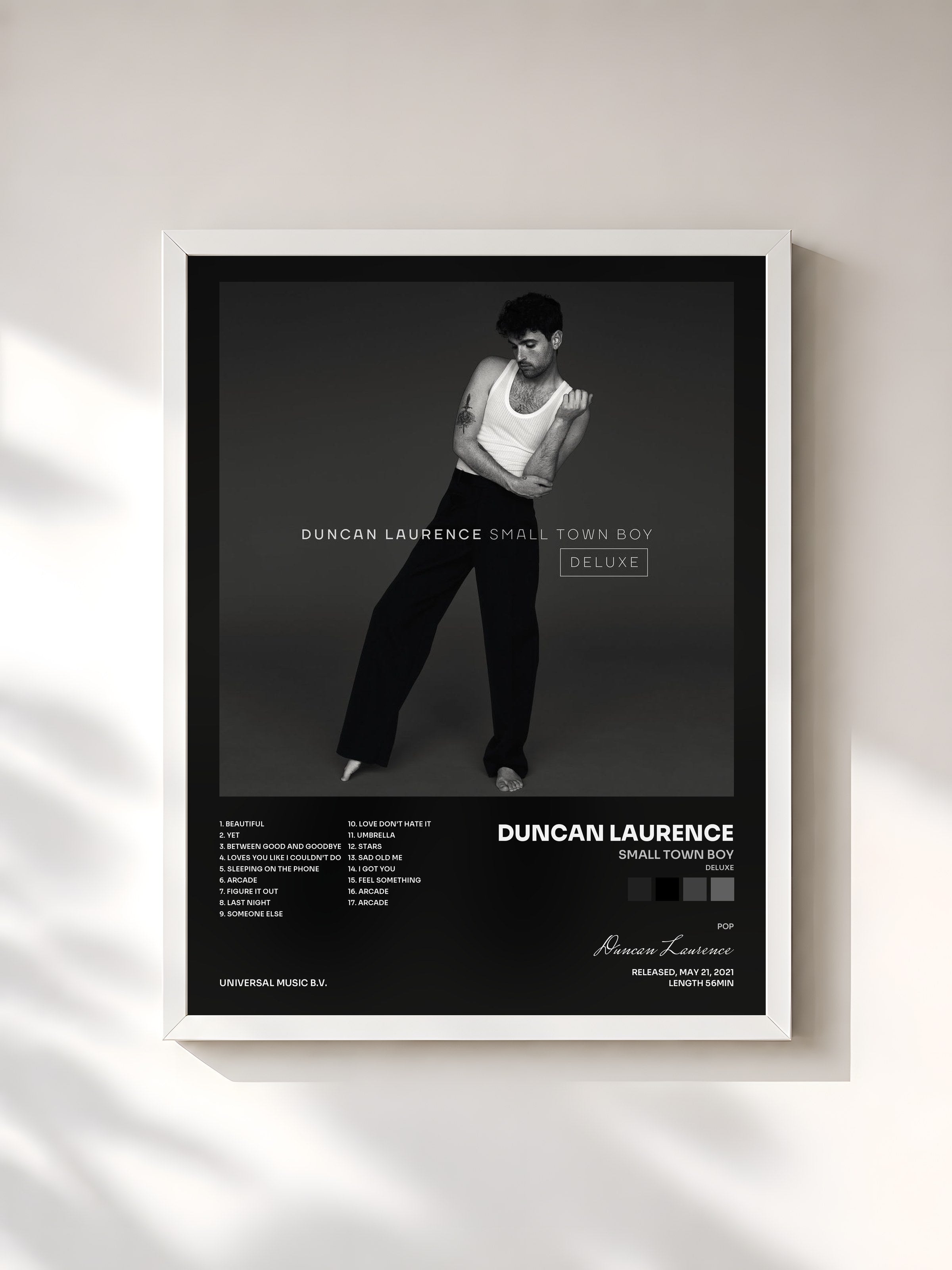 #blanc Tableau de l'album Small Town Boy (Deluxe) de Duncan Laurence, cadre blanc, imprimé et encadré en France
