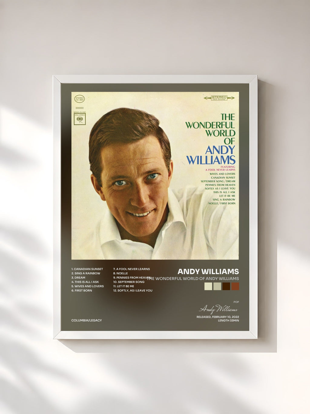 #blanc Tableau de l'album The Wonderful World of Andy Williams de Andy Williams, cadre blanc, imprimé et encadré en France