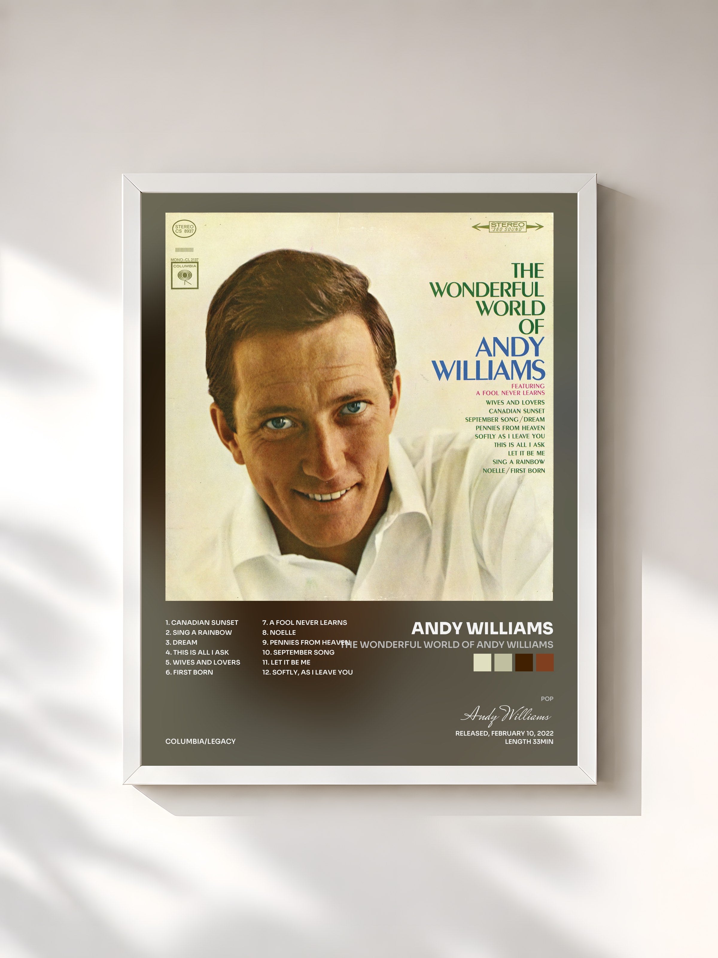 #blanc Tableau de l'album The Wonderful World of Andy Williams de Andy Williams, cadre blanc, imprimé et encadré en France