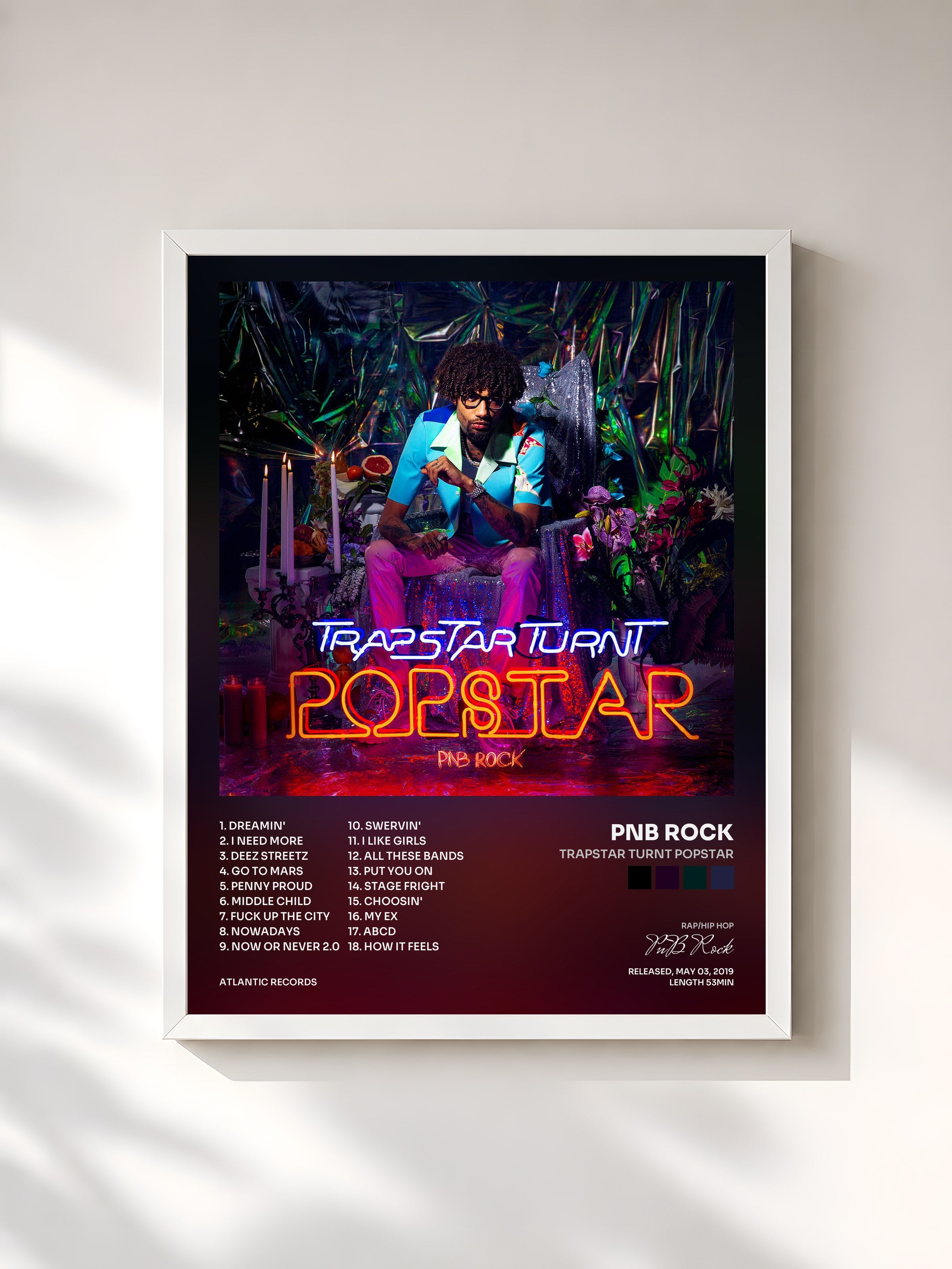 #blanc Tableau de l'album TrapStar Turnt PopStar de PnB Rock, cadre blanc, imprimé et encadré en France