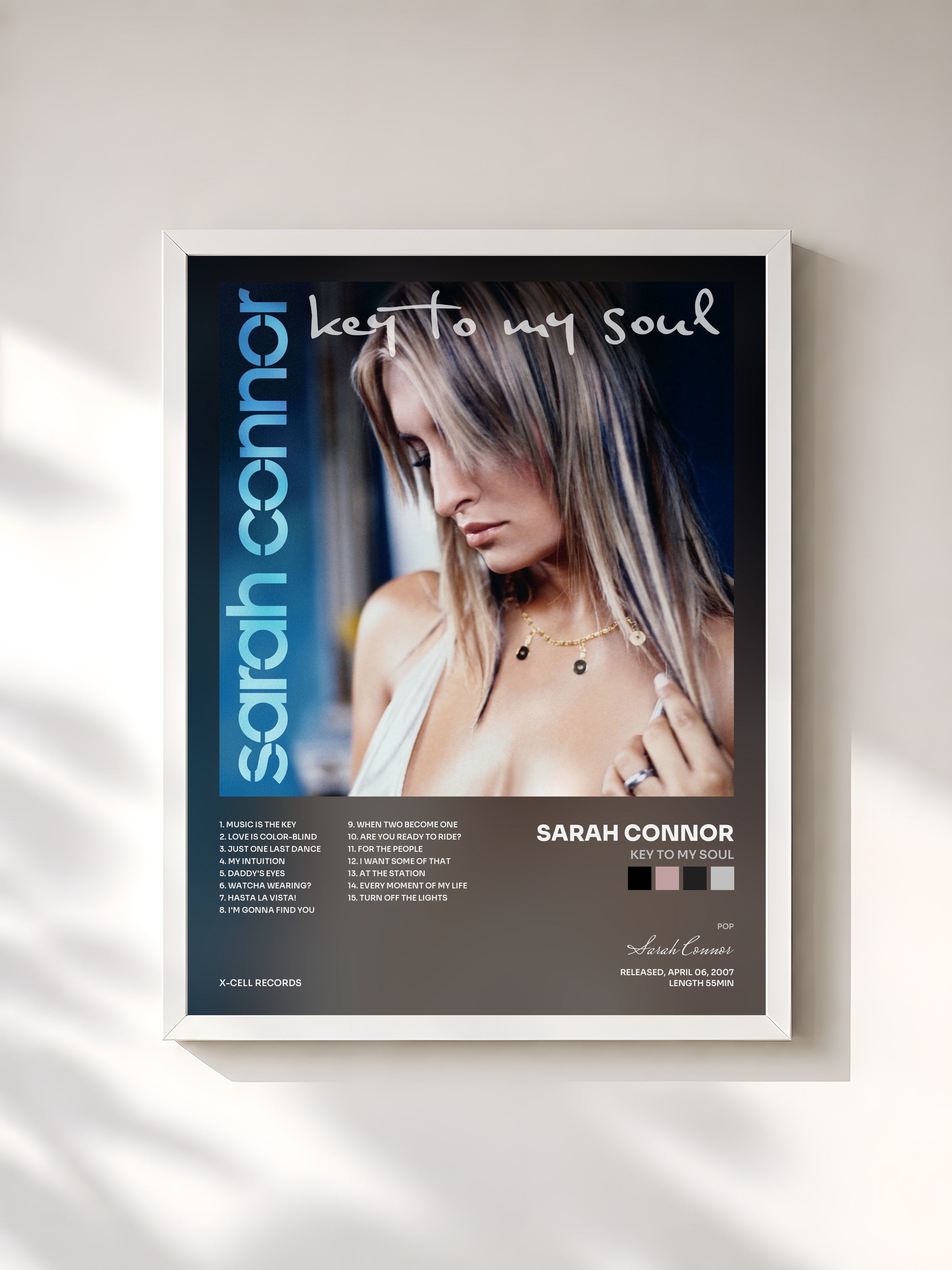 #blanc Tableau de l'album Key To My Soul de Sarah Connor, cadre blanc, imprimé et encadré en France
