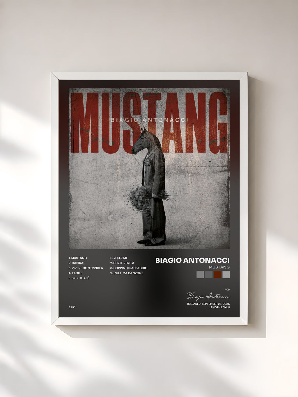 #blanc Tableau de l'album MUSTANG de Biagio Antonacci, cadre blanc, imprimé et encadré en France