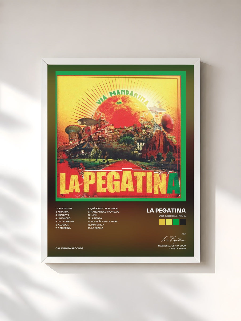 #blanc Via Mandarina by La Pegatina as a framed art print, white frame, printed and framed in France