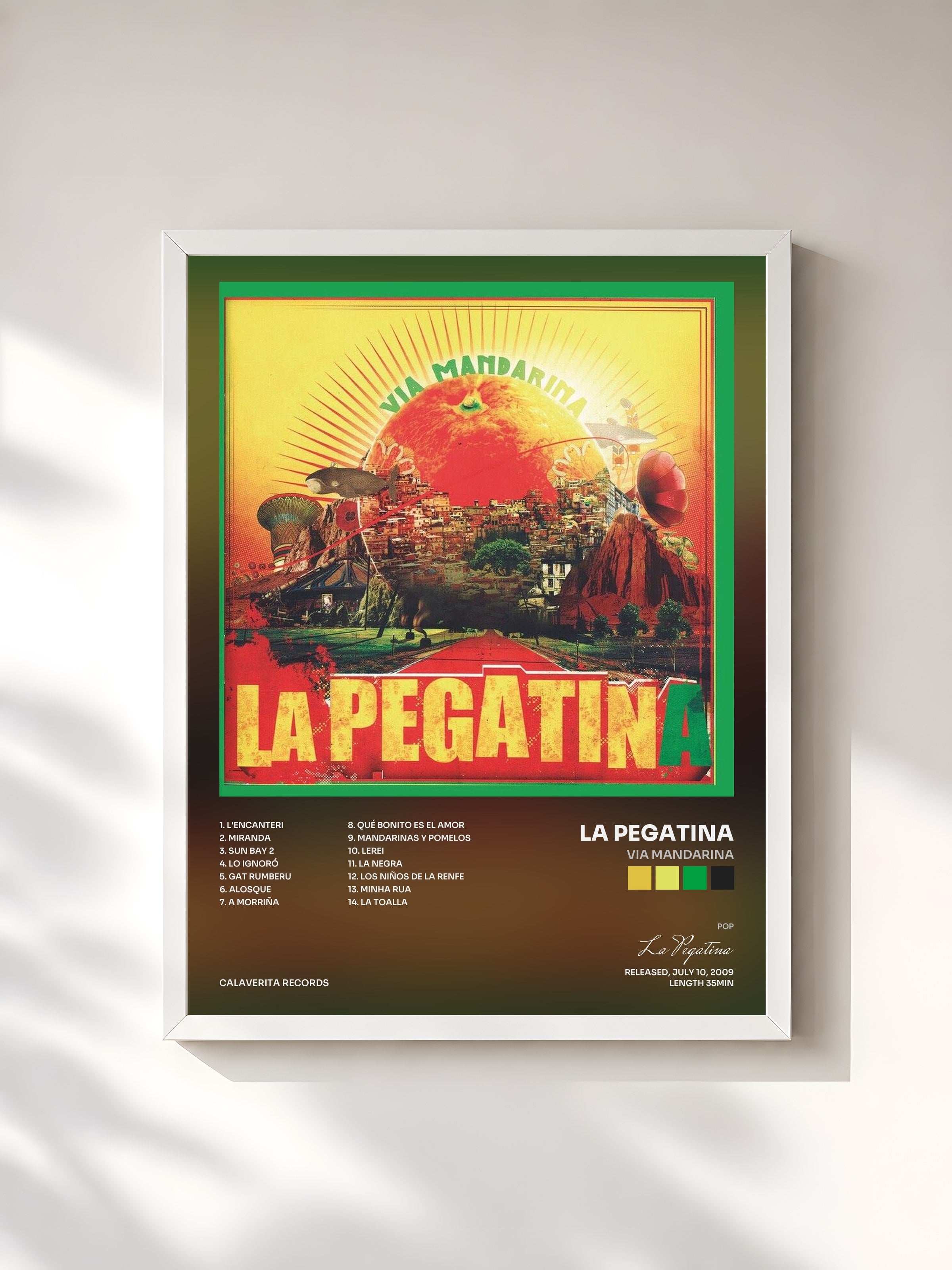 #blanc Tableau de l'album Via Mandarina de La Pegatina, cadre blanc, imprimé et encadré en France
