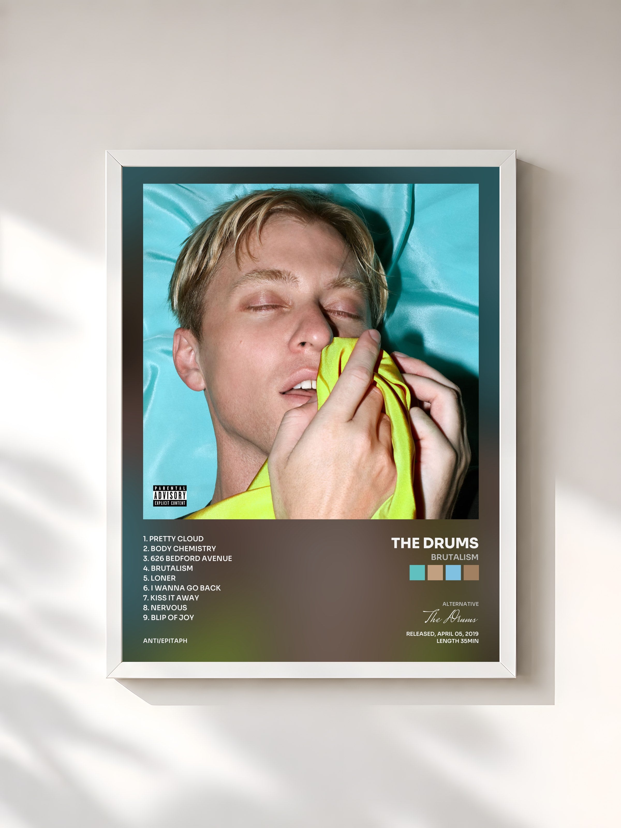 #blanc Tableau de l'album Brutalism de The Drums, cadre blanc, imprimé et encadré en France