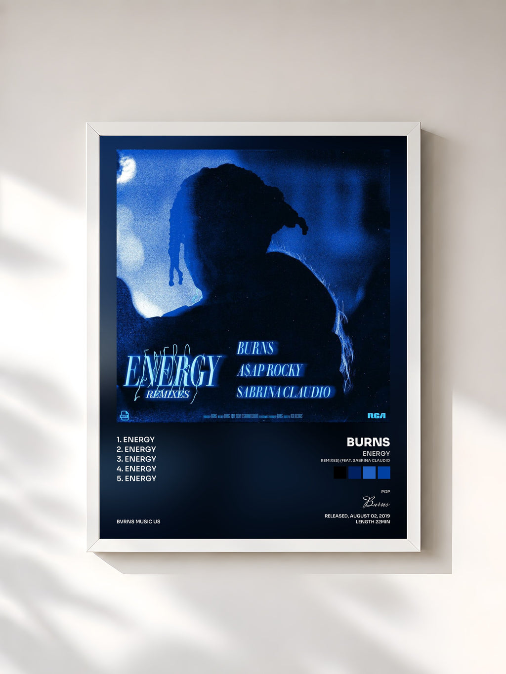 #blanc Energy (Remixes) (feat. Sabrina Claudio) by Burns as a framed art print, white frame, printed and framed in France
