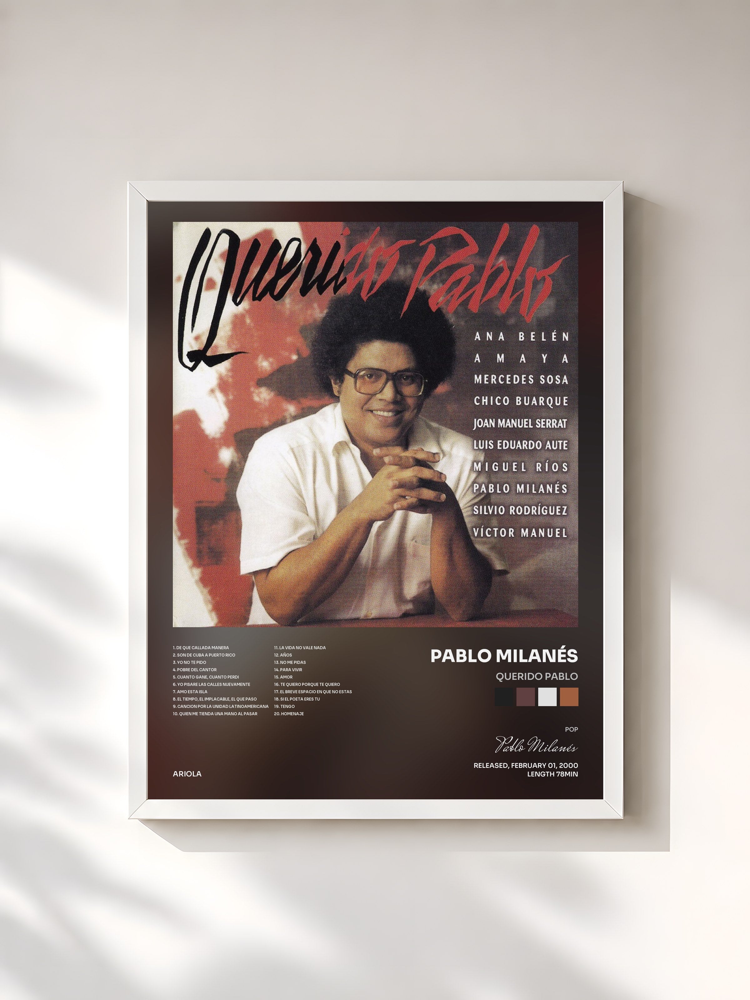 #blanc Tableau de l'album Querido Pablo de Pablo Milanés, cadre blanc, imprimé et encadré en France